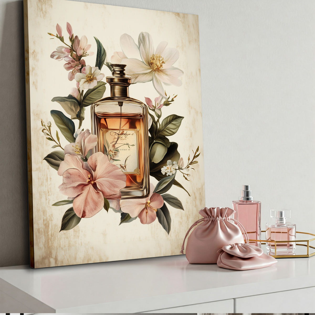 Vintage Perfume Advertisement Canvas Print with Elegant Typography