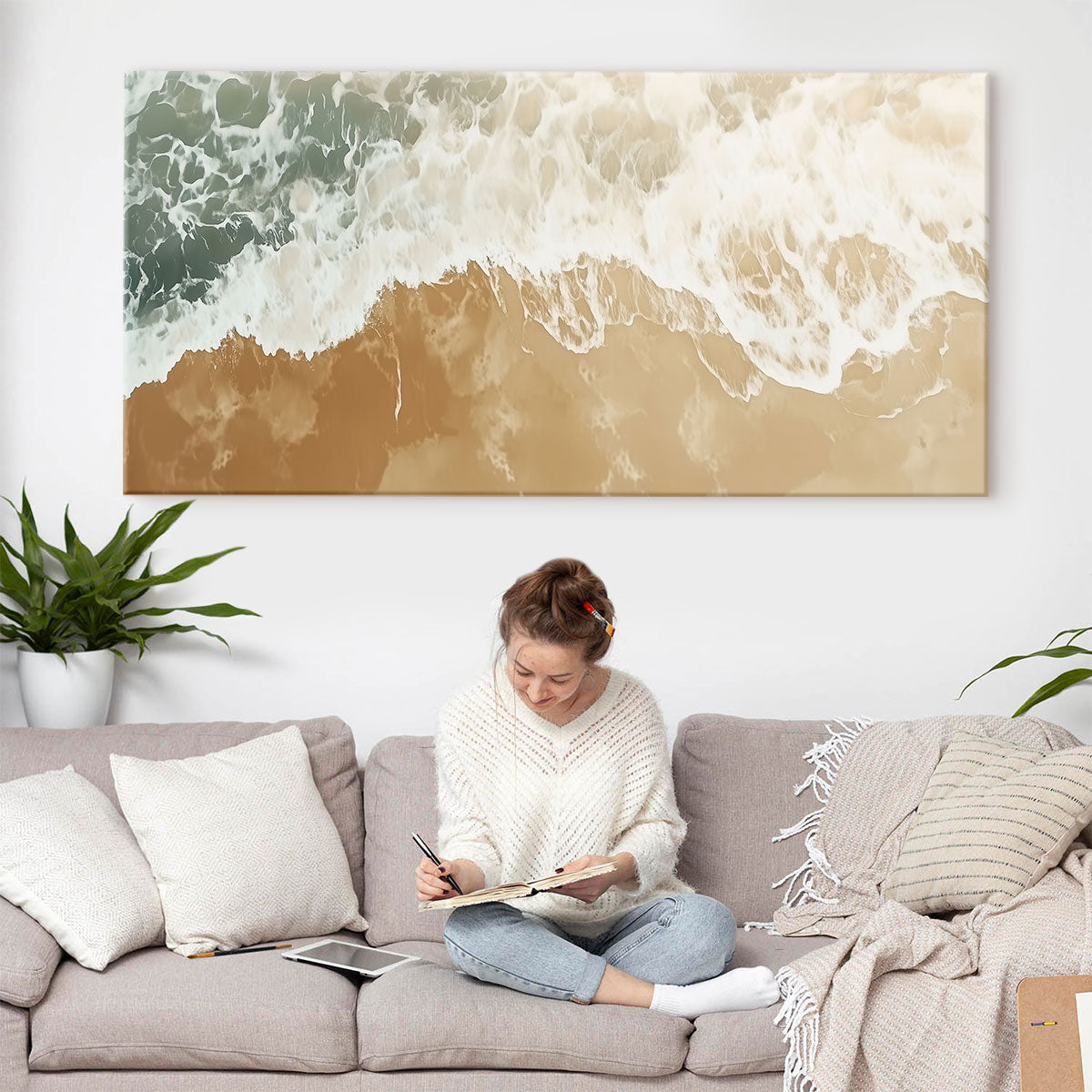 Aerial Shoreline Canvas Neutral Beach Wall Art