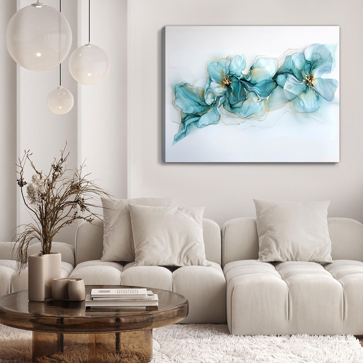 Turquoise Floral Abstract Alcohol Ink Canvas Wall Art