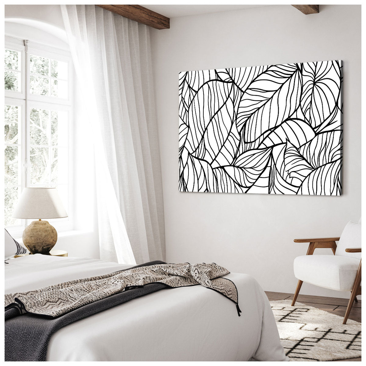 Black And White Leaf Line Artwork For Living Room
