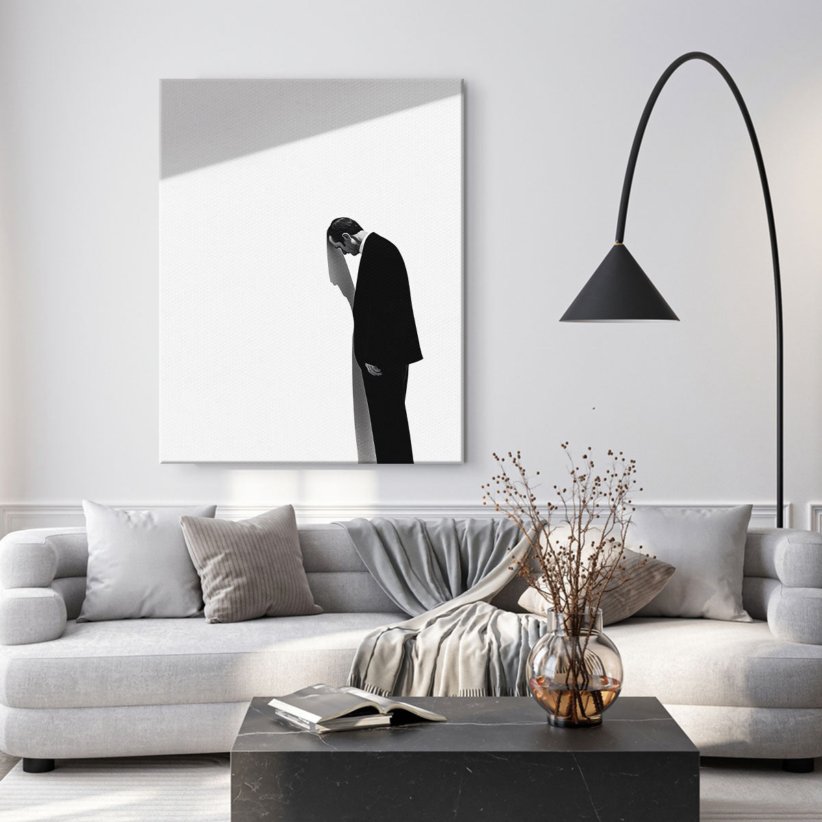 Sad Man Shadow Contemplative Black And White Wall Art