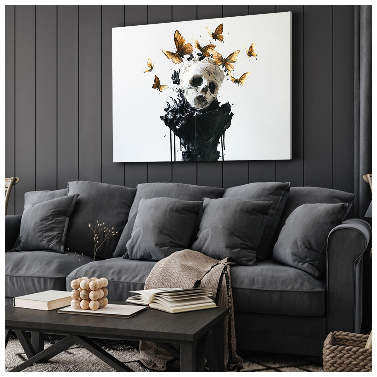 Butterflies Skull Sculpture Minimalist Watercolor Art Wall