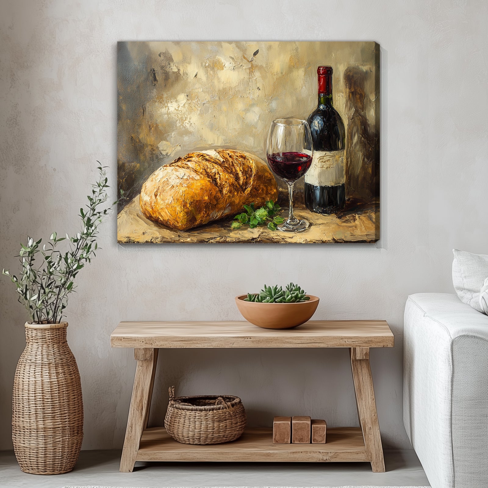 Bread and Red Wine - Vintage Oil Painting Canvas Wall Art
