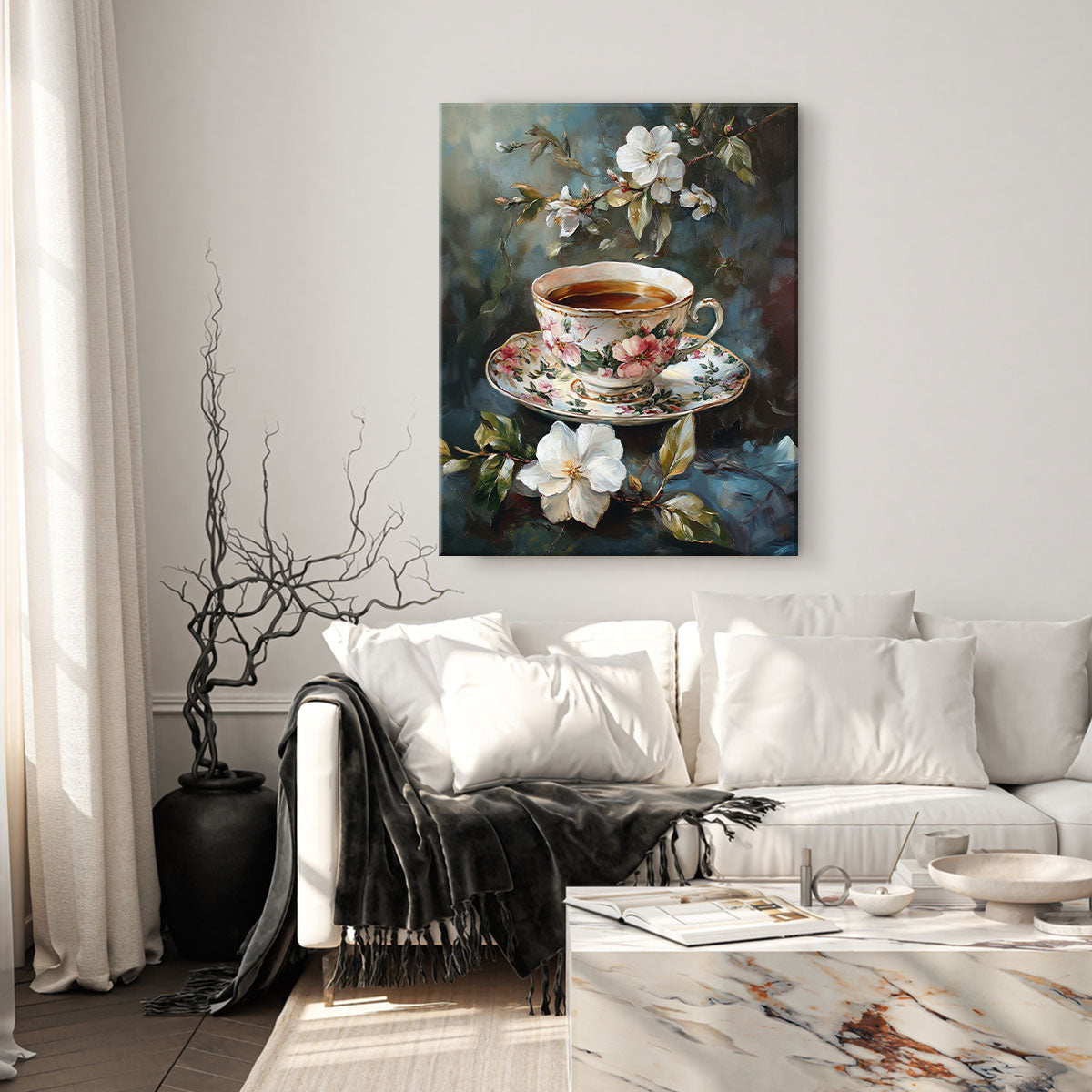 Vintage Floral Teacup Oil Painting Canvas Wall Art