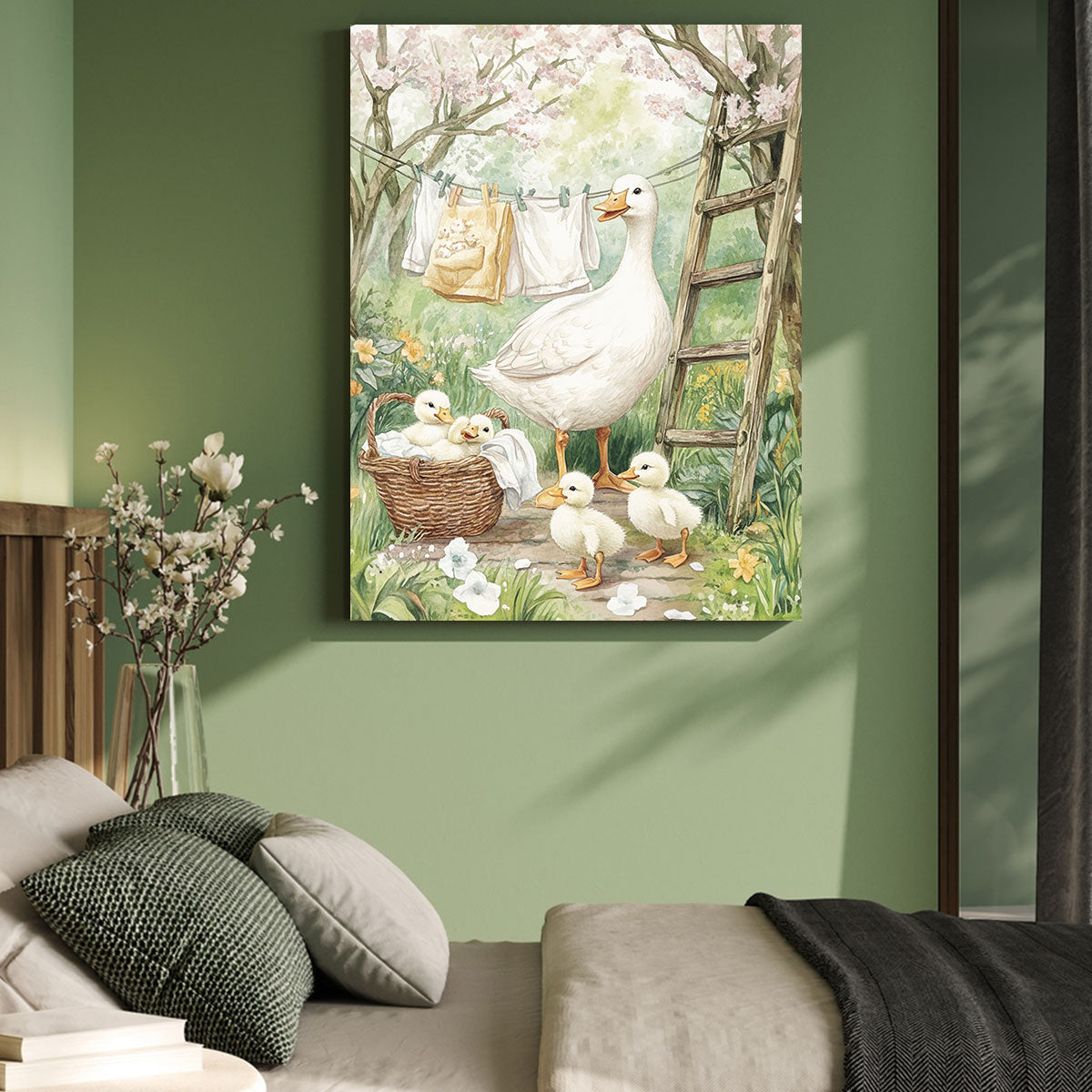 Mother Duck and Ducklings Oil Painting Canvas Wall Art
