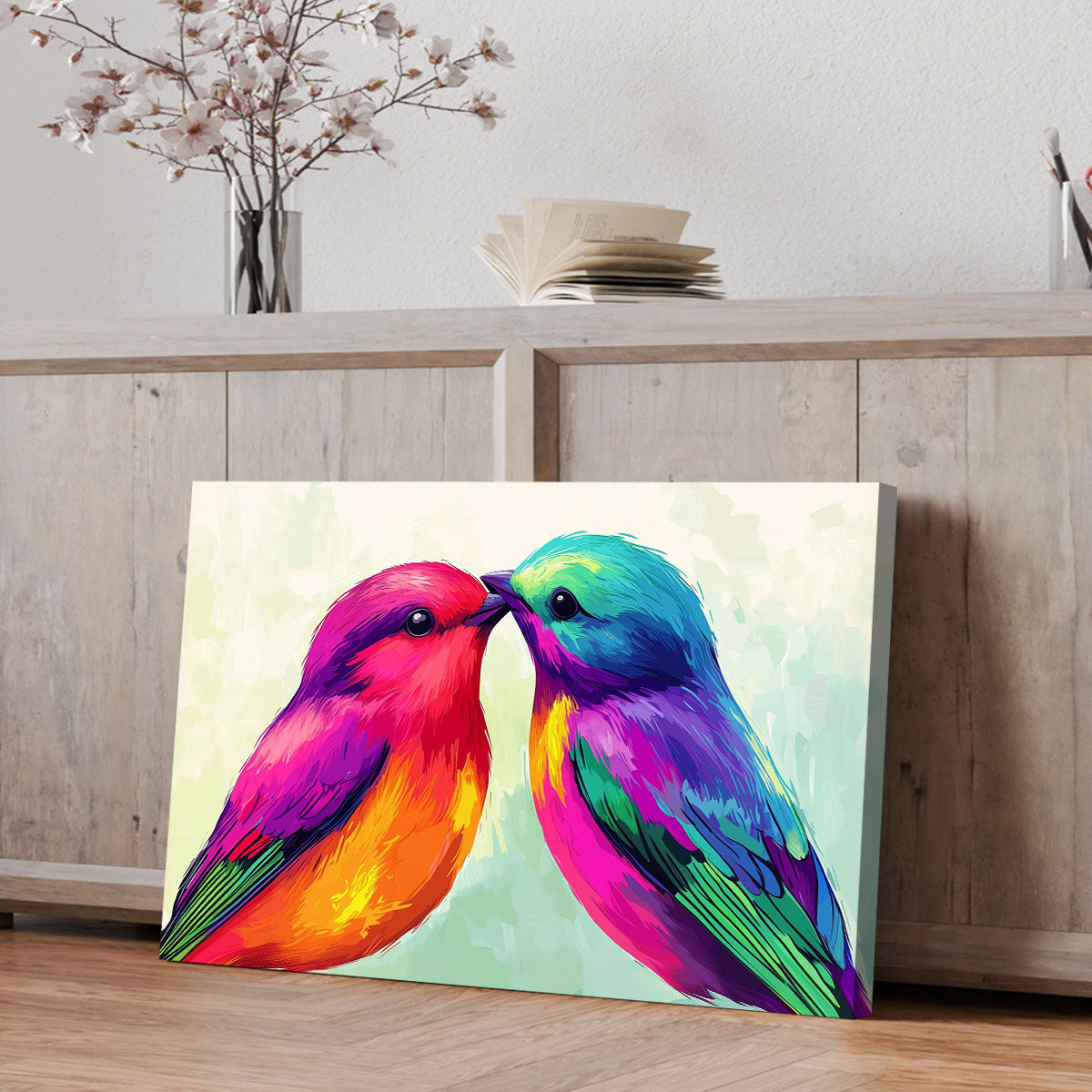 Rainbow Feathered Duo Pop Art Birds Canvas