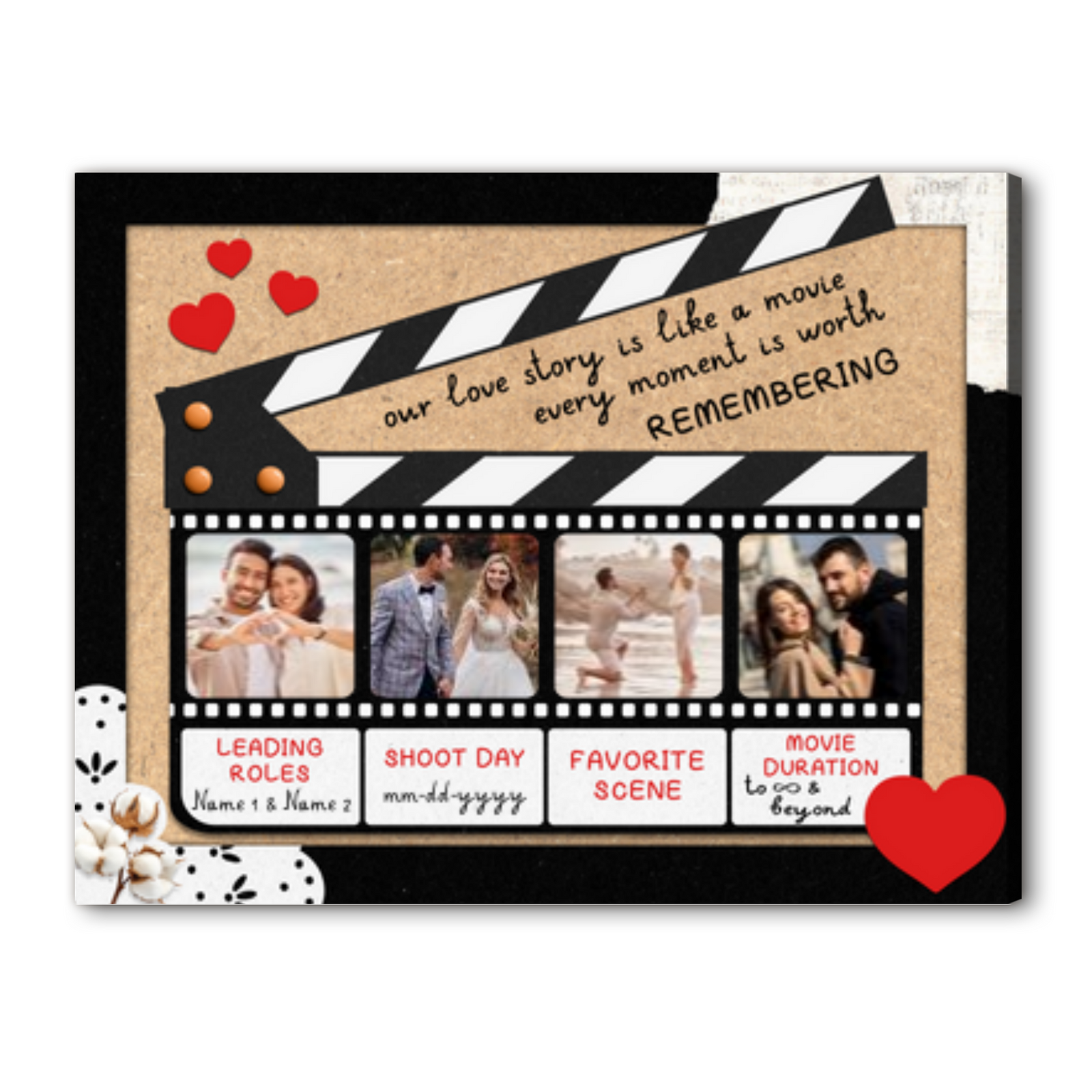 Personalized Movie Clapperboard Canvas Print - Couple Photo Film Strip Wall Art - Unique Wedding or Anniversary Gift