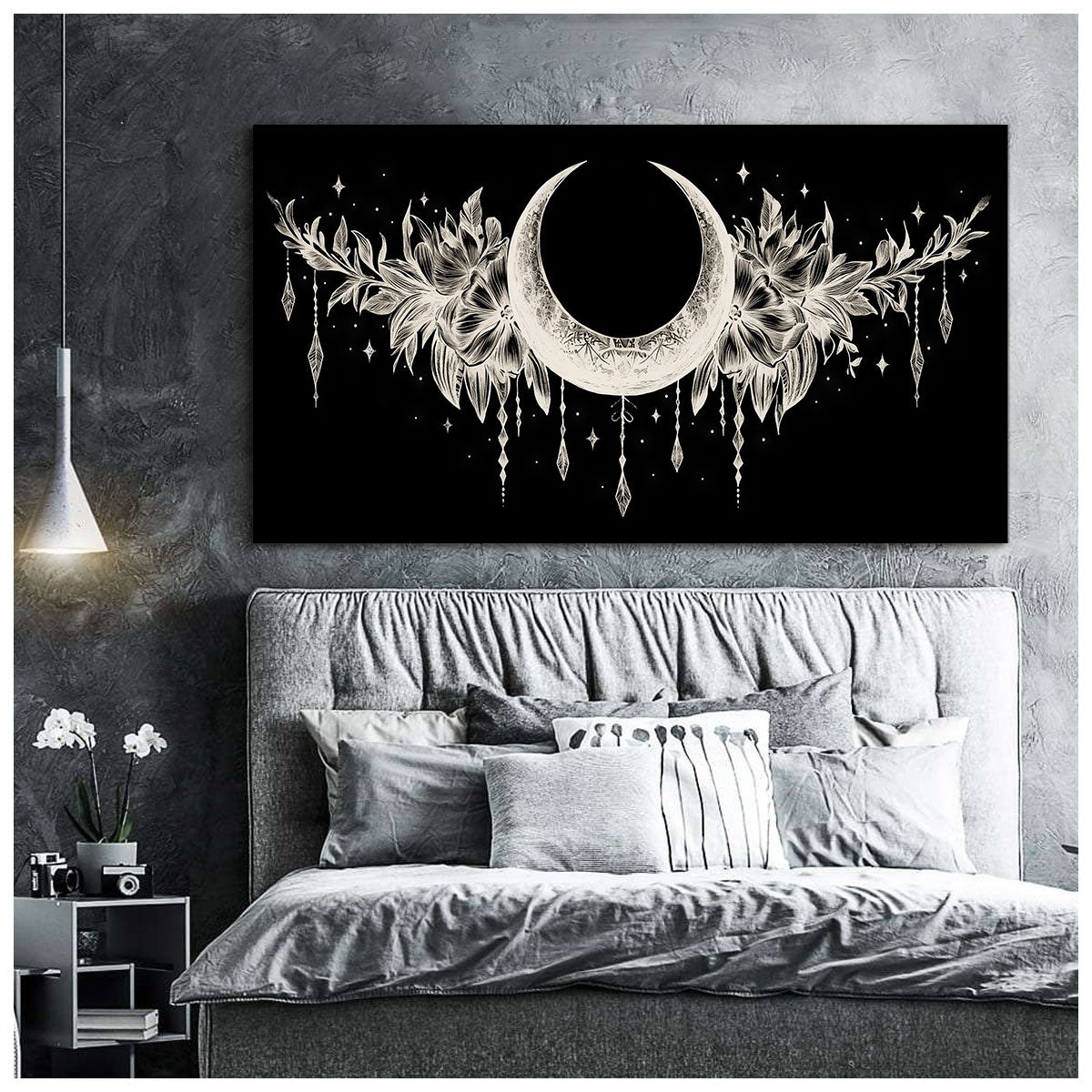 Crescent Moon and Floral Line Art Boho Canvas Wall Decor