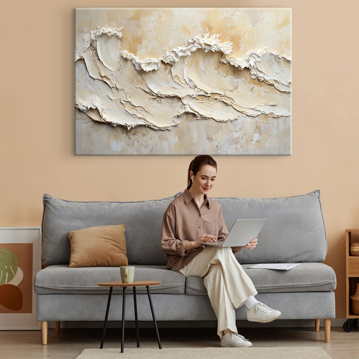 Textured Ocean Wave Canvas Beige Wall Art