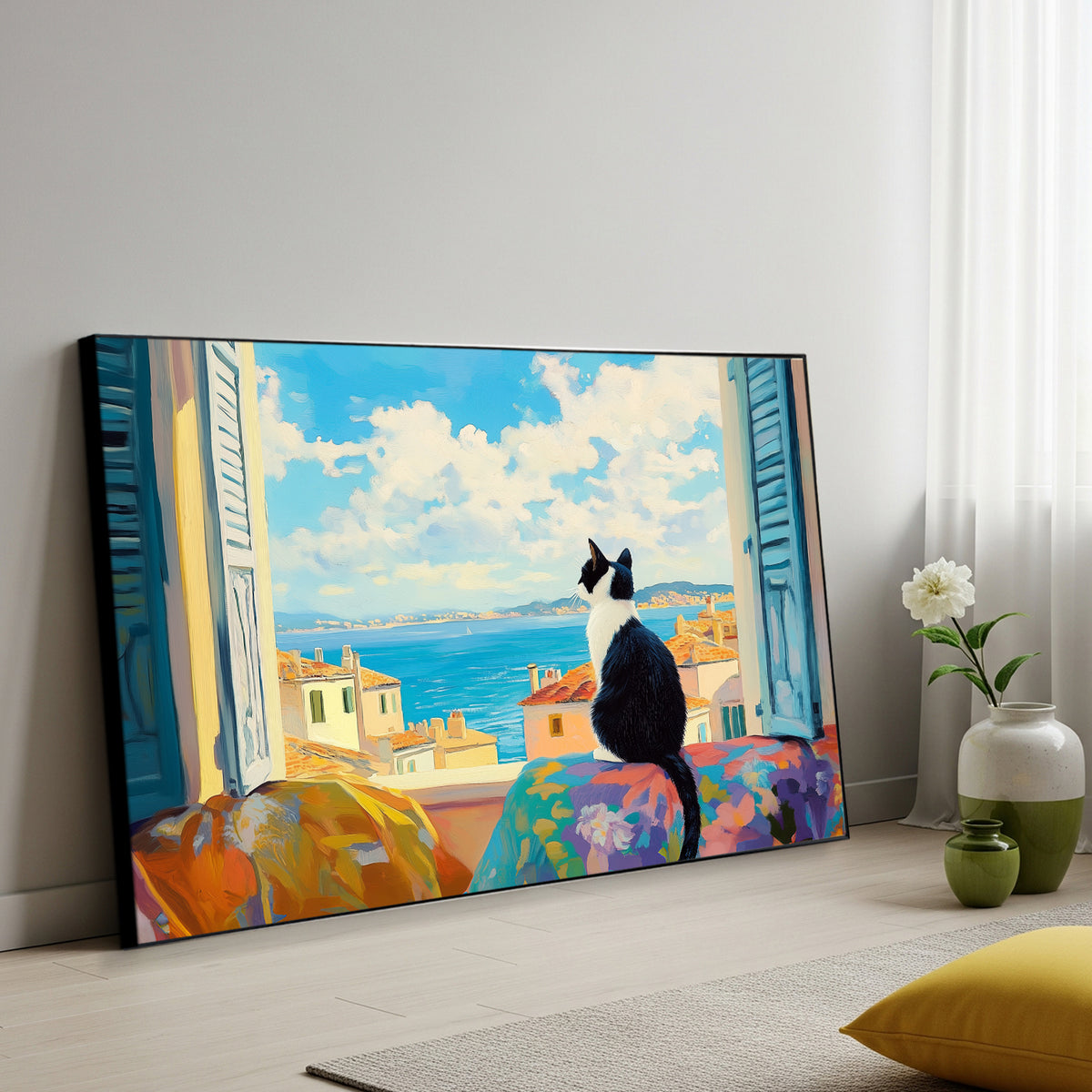 Black And White Cat On Window Canvas Wall Art Print