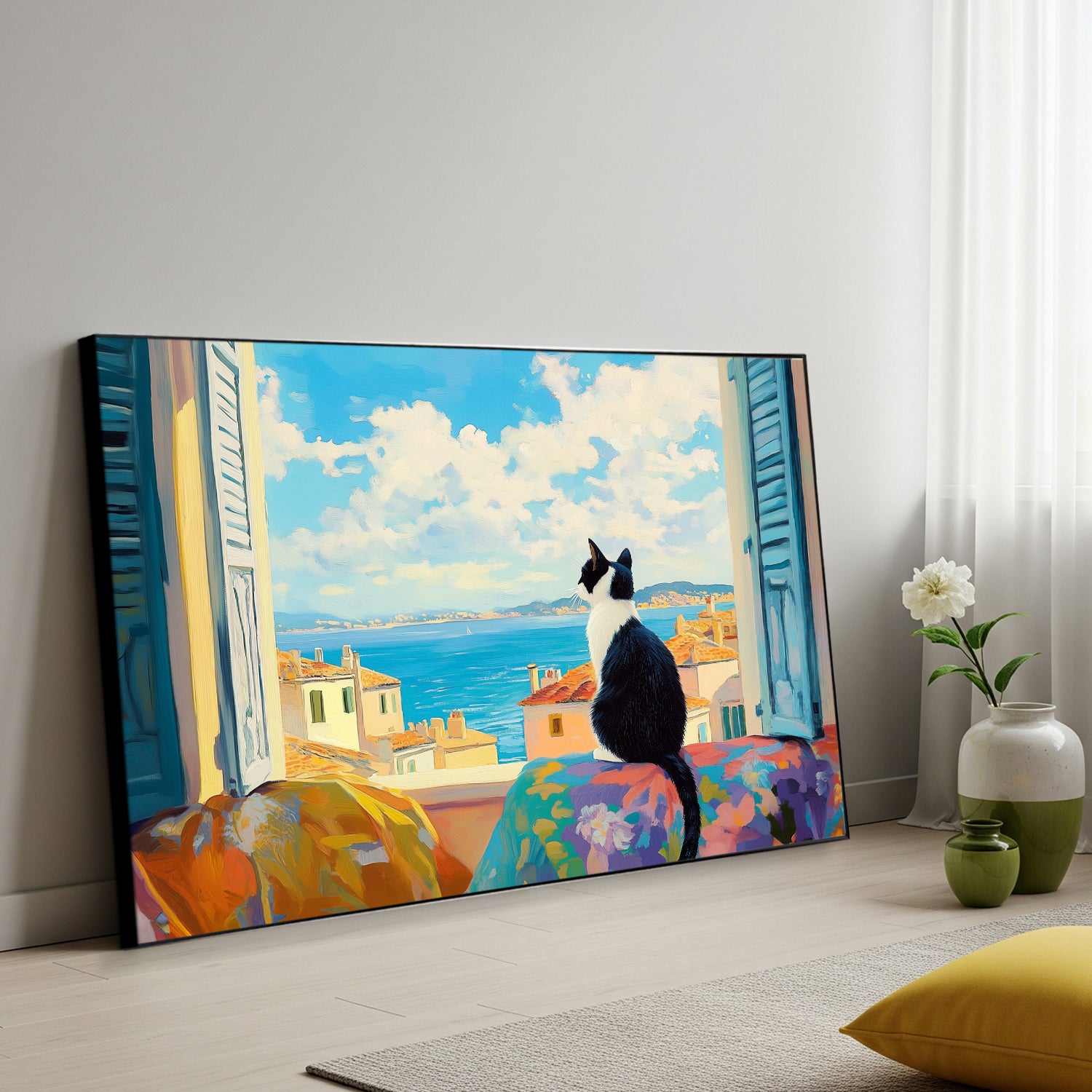 Black And White Cat On Window Canvas Wall Art Print