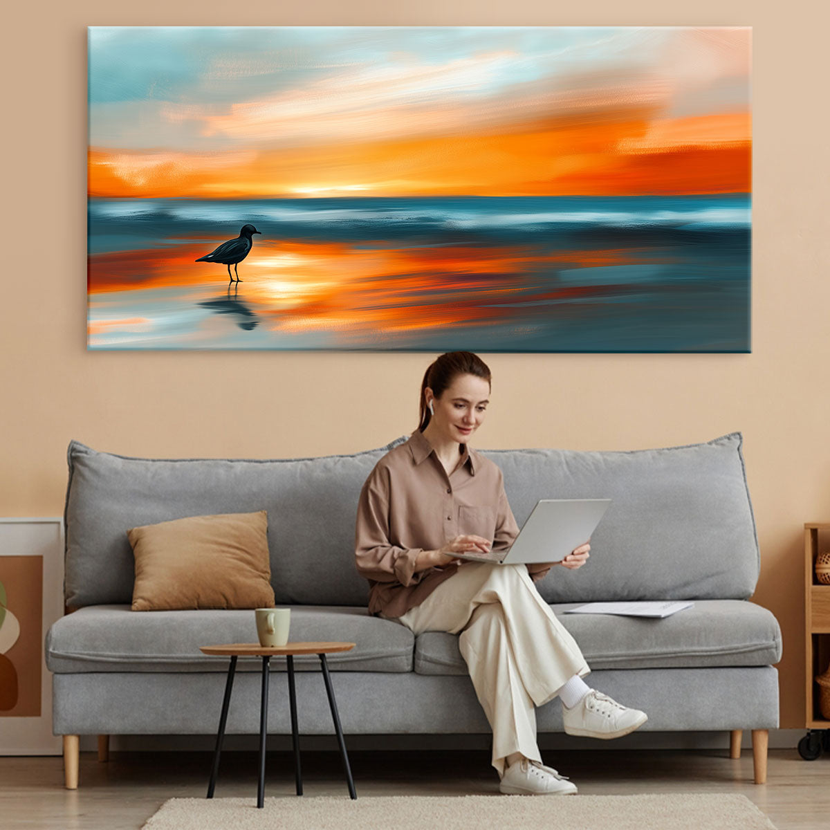 Lone Bird Under Sunset Beach Wall Art