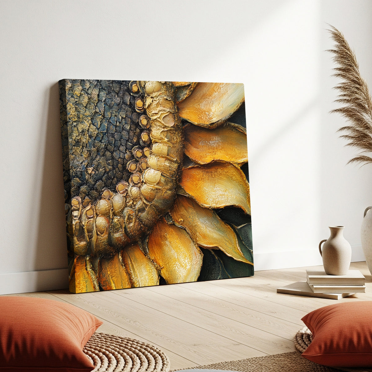 Close-up sunflower canvas print with oil-style texture