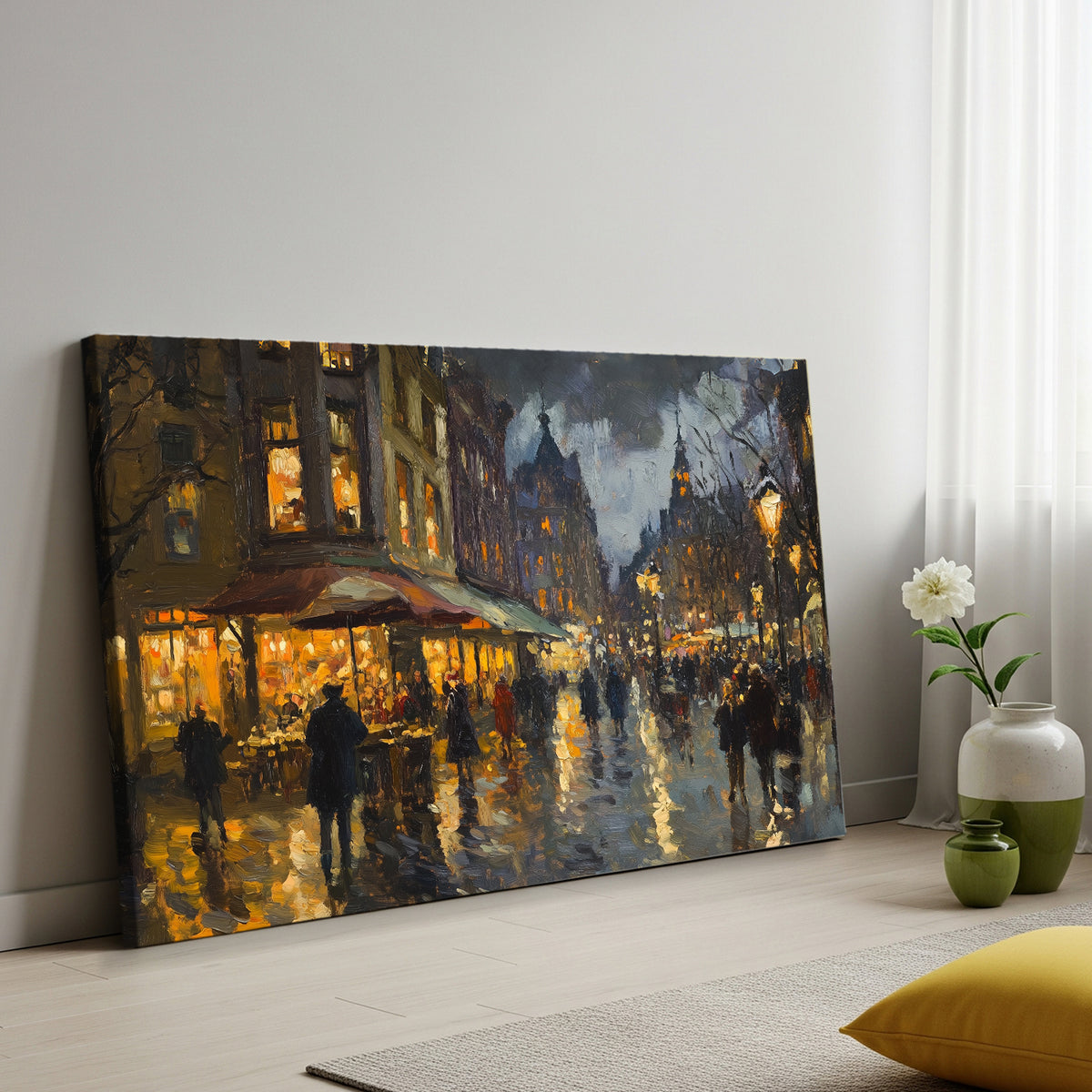 Oil street scene painting with glowing city lights