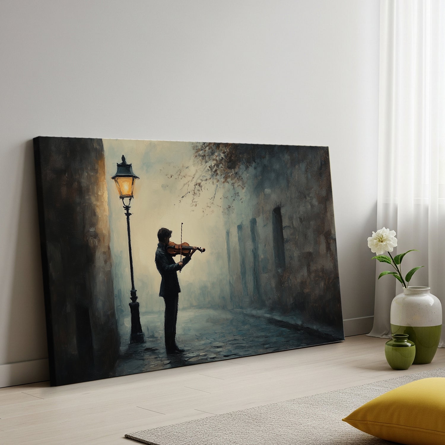 Elegant oil painting of violinist in golden evening light