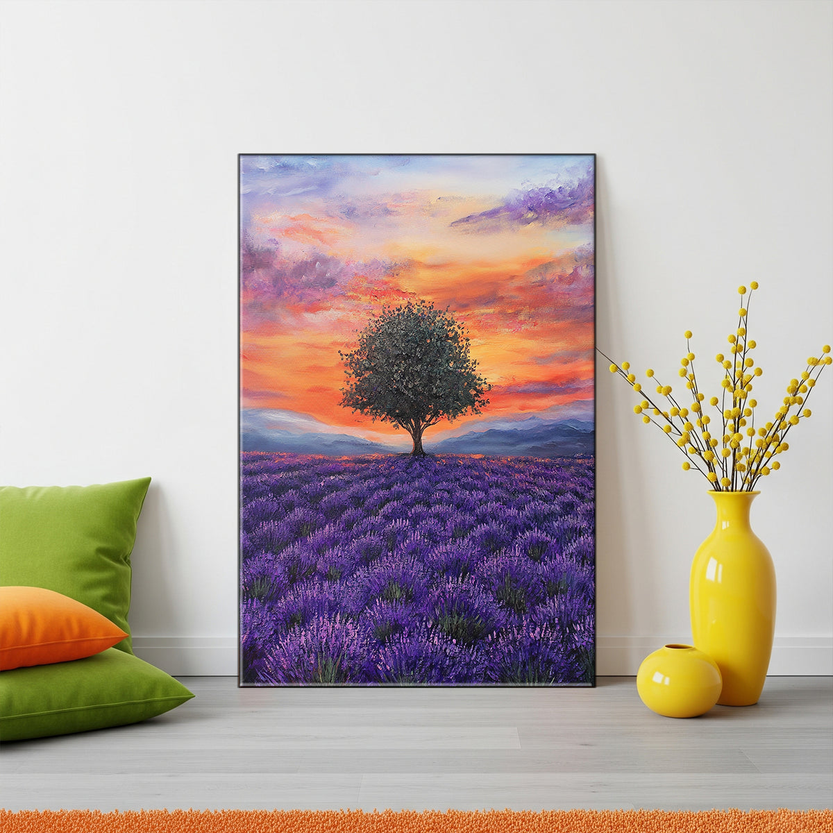 Lavender Field with Tree in Bloom Nature Artwork