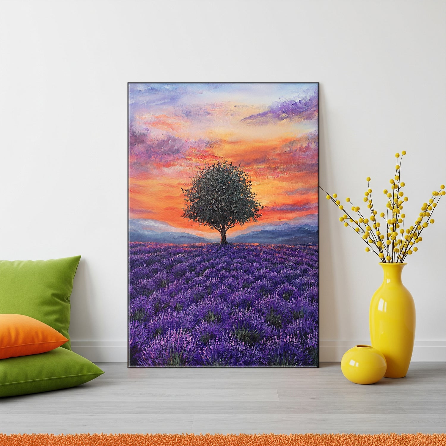 Lavender Field with Tree in Bloom Nature Artwork