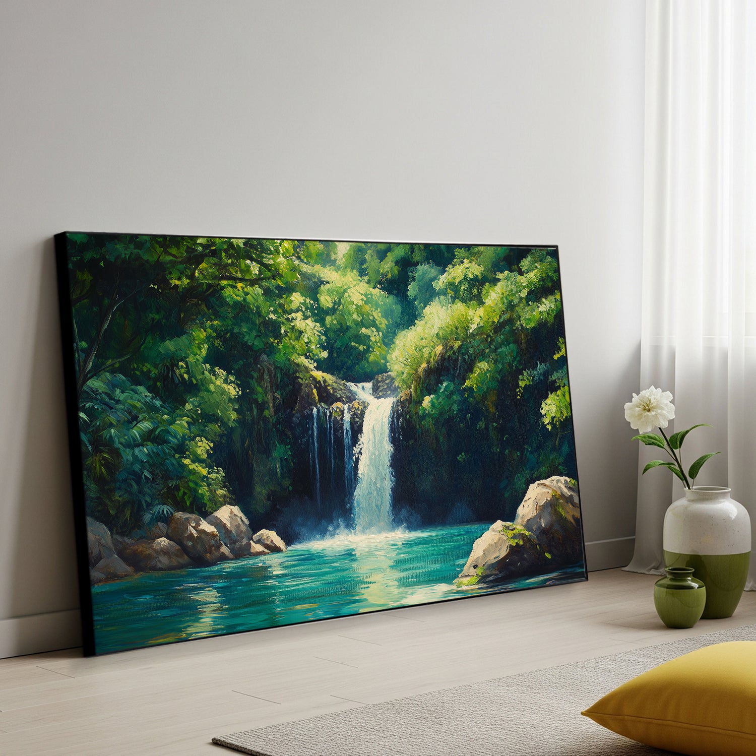 Lush Oil Painting Canvas Of Hidden Hawaiian Waterfall