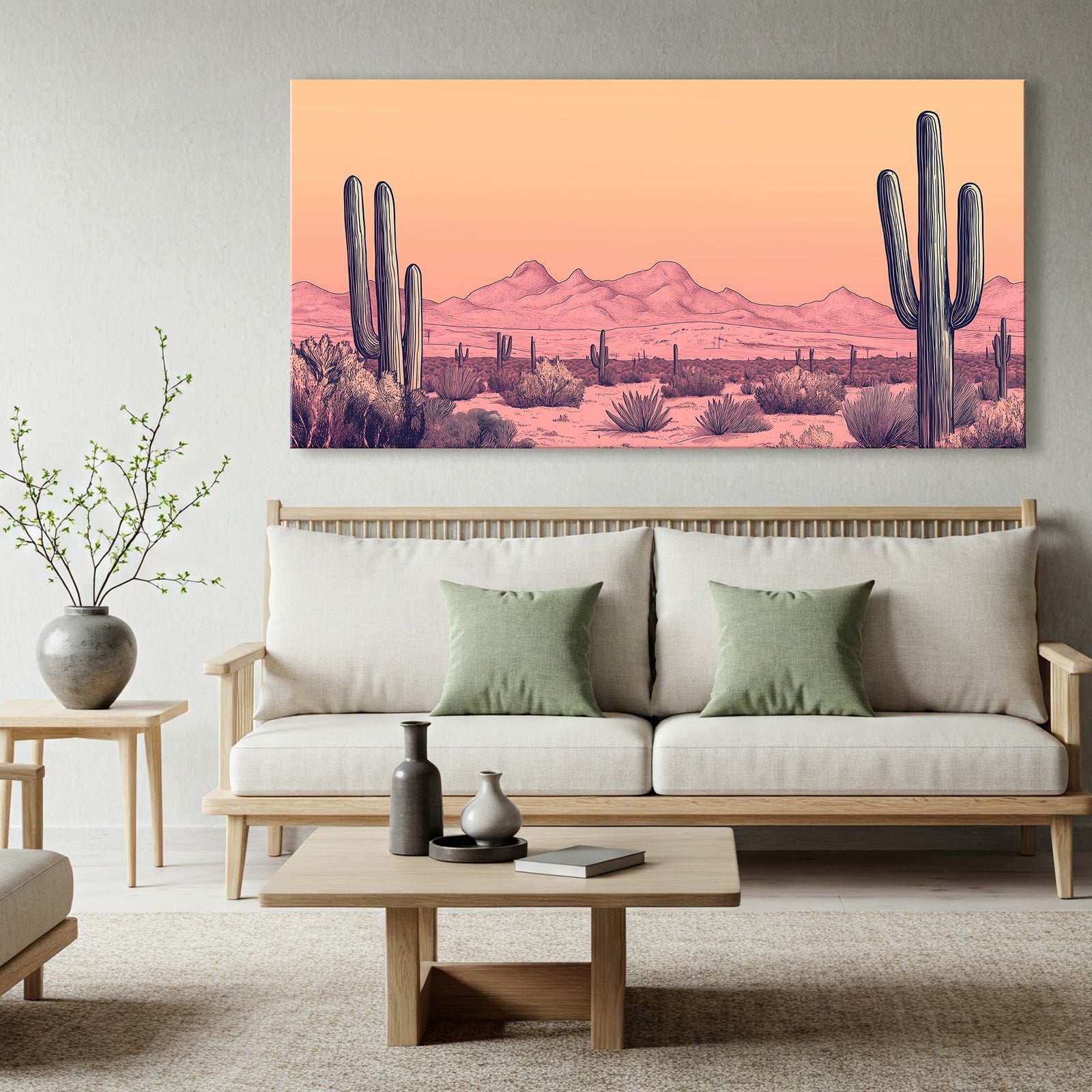 Boho Desert Cactus Line Art at Dusk with Warm Tones