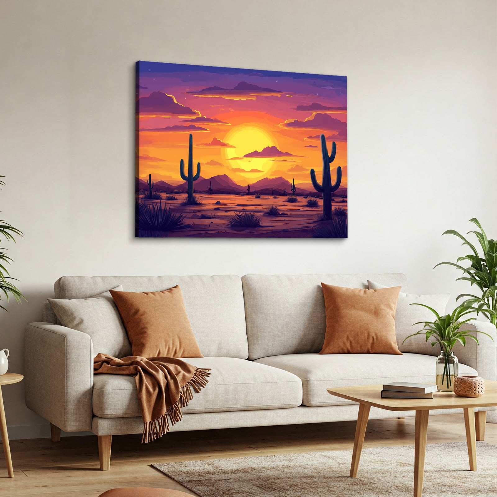 Boho Cactus Sunset Canvas Art for Desert Wall Decor