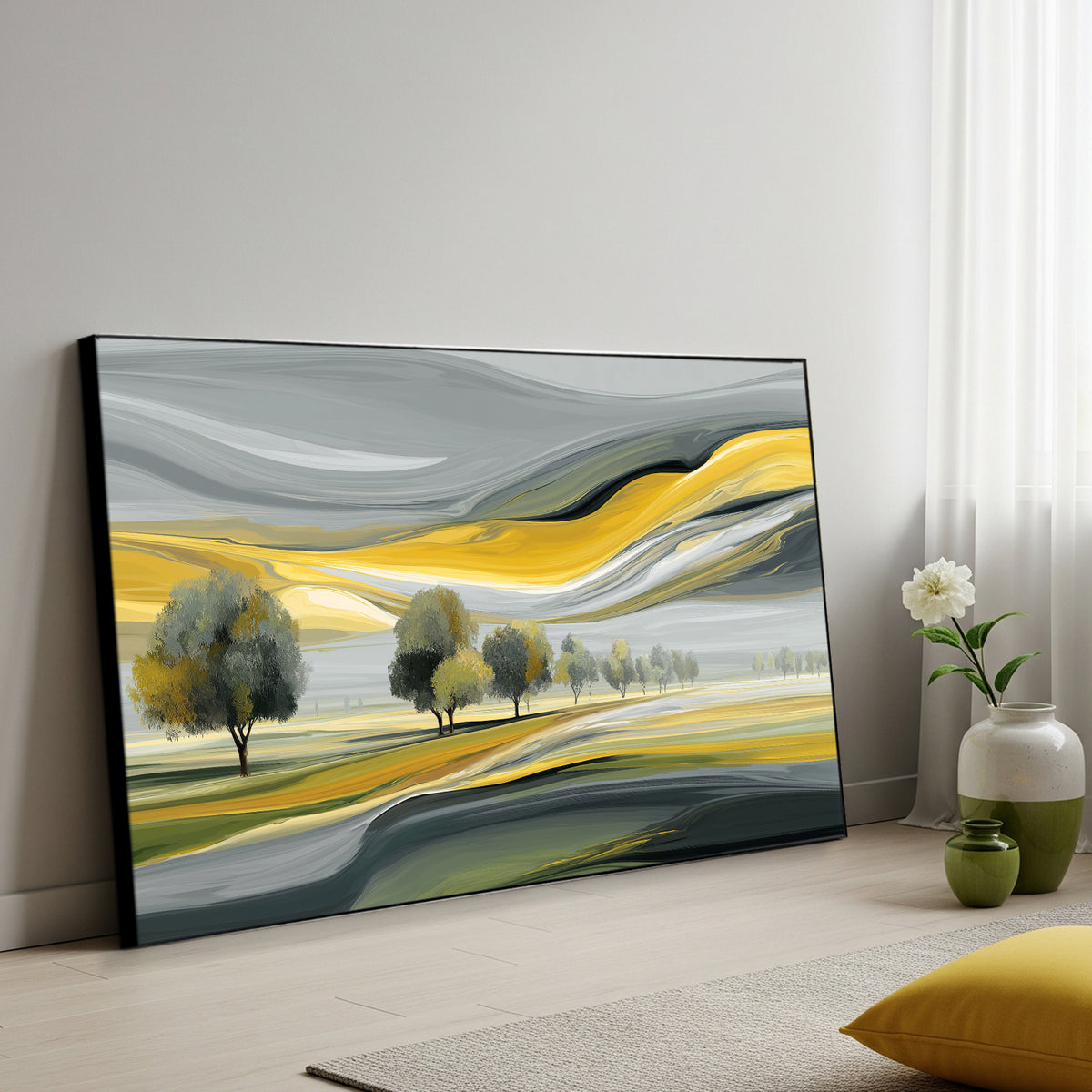 Modern Yellow and Gray Landscape Tree Artwork