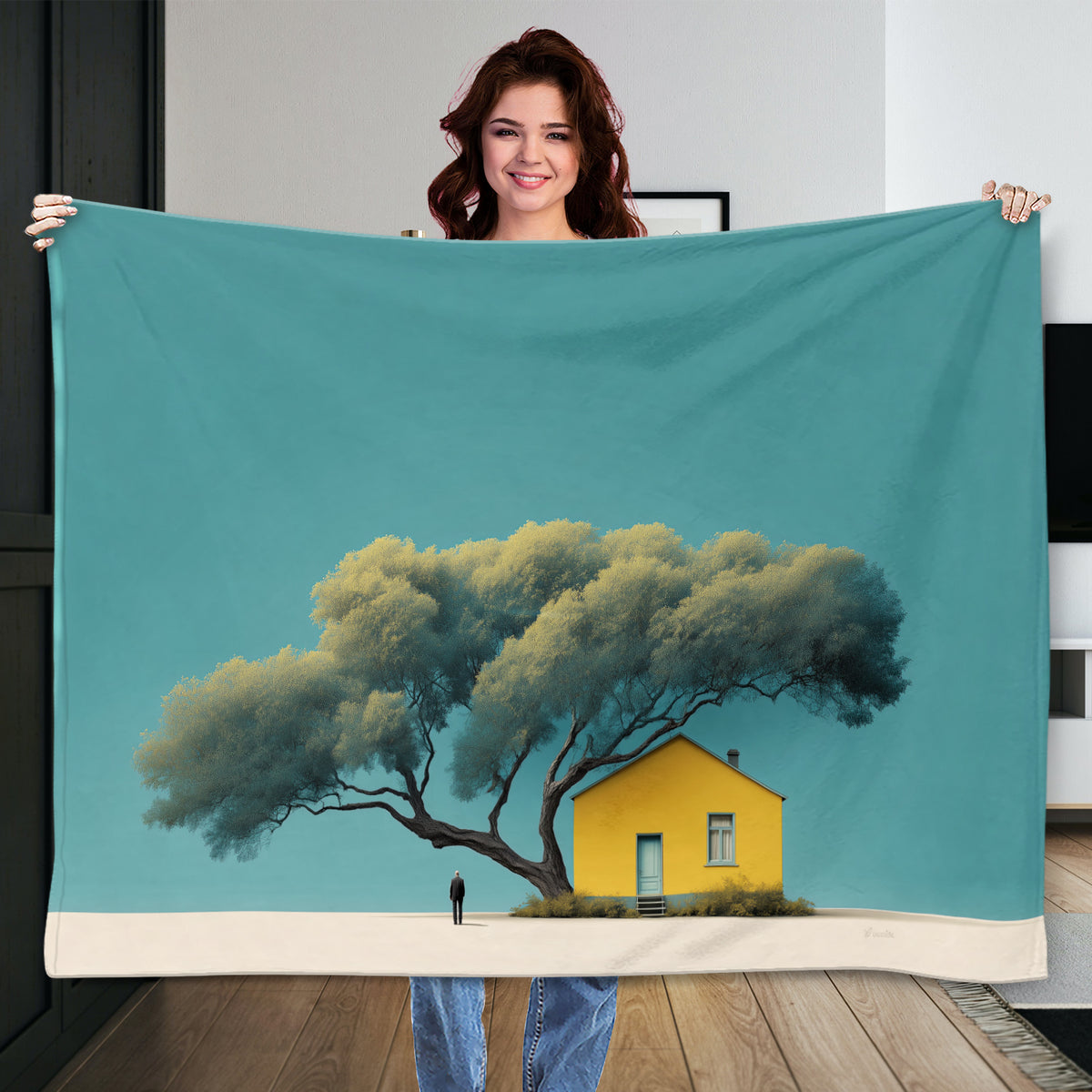 Tree and Yellow House Canvas Minimalist Wall Art