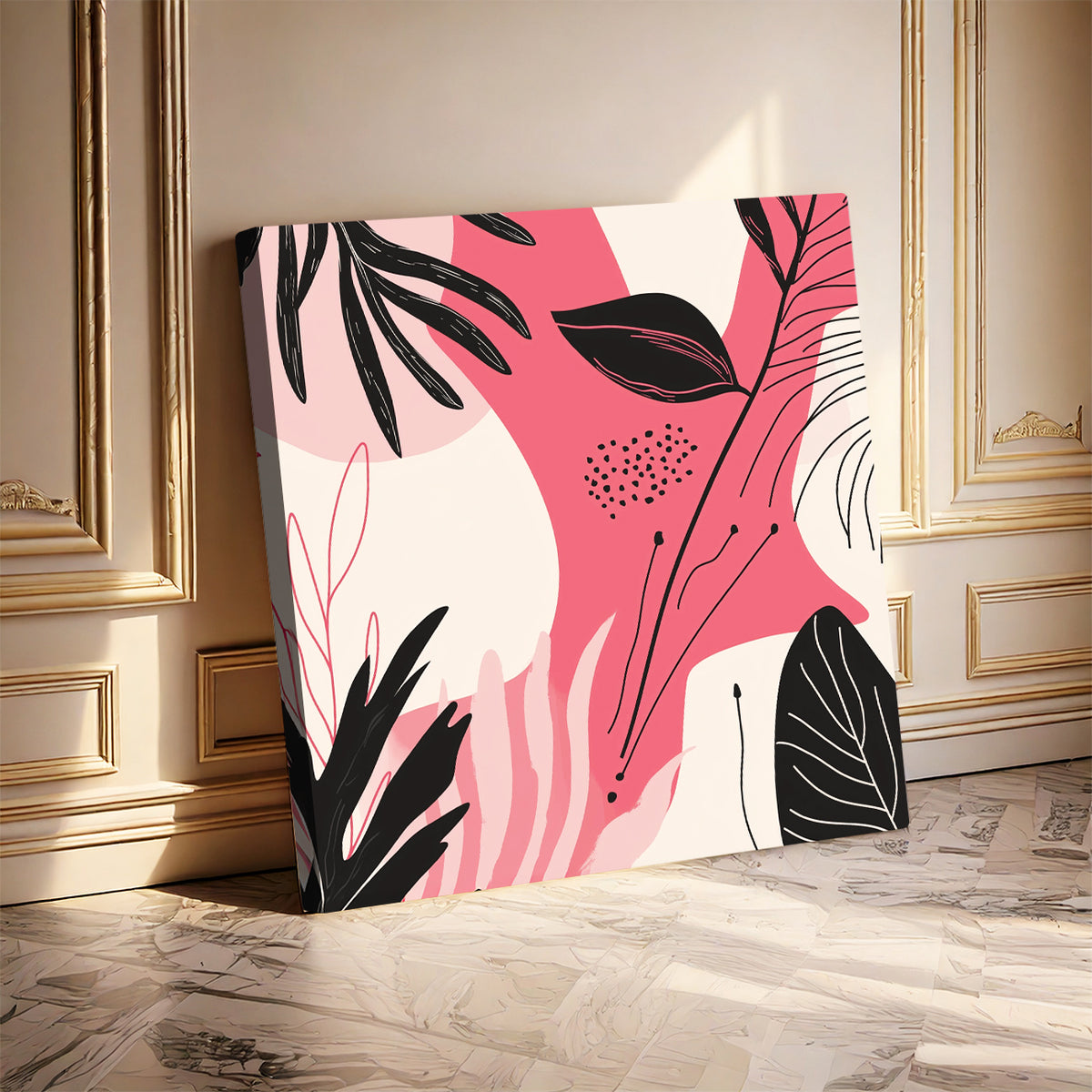 Pink Black Minimalist Leaf Pattern Canvas for Soft Interiors