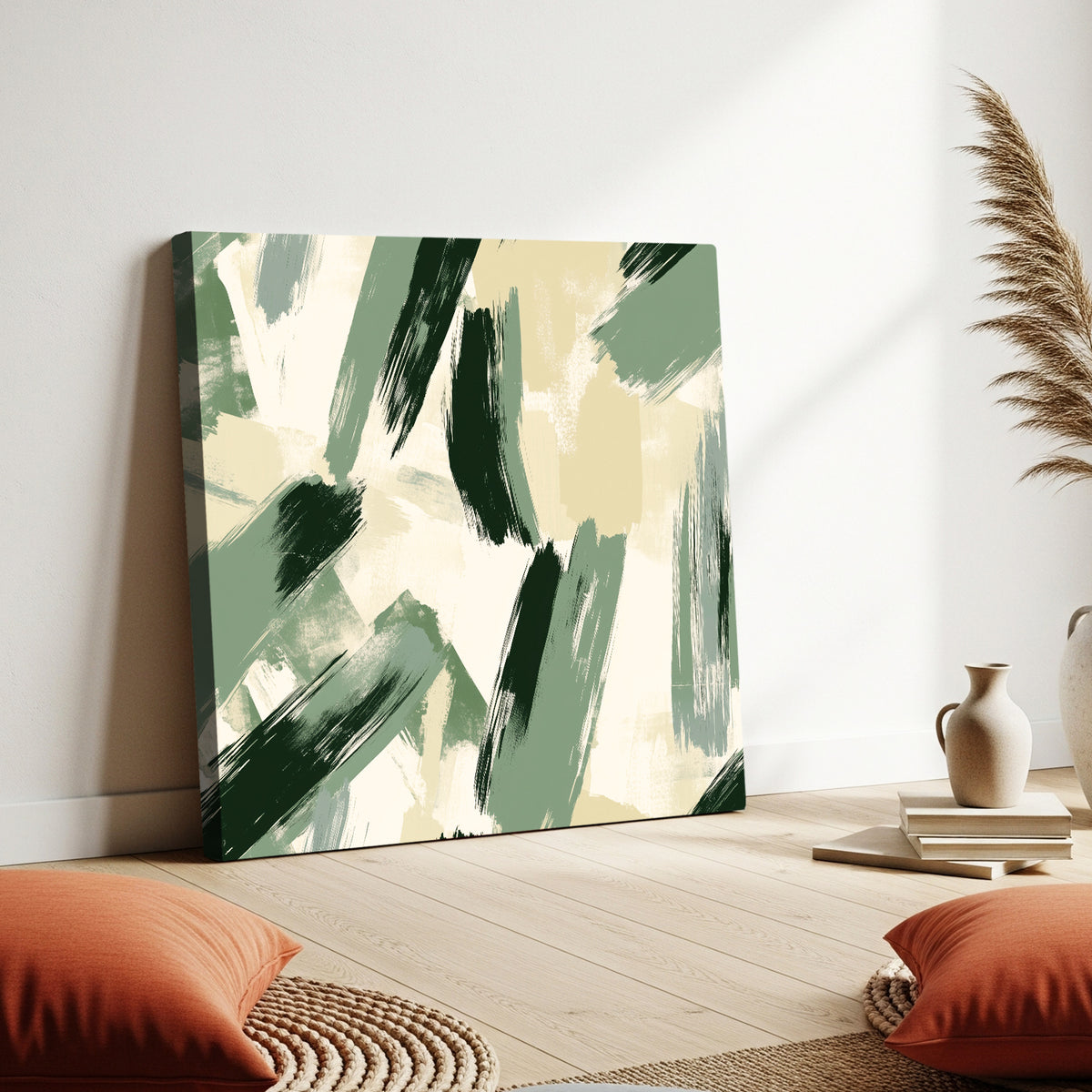 Sage Green Abstract Brush Canvas Print for Calm Interiors
