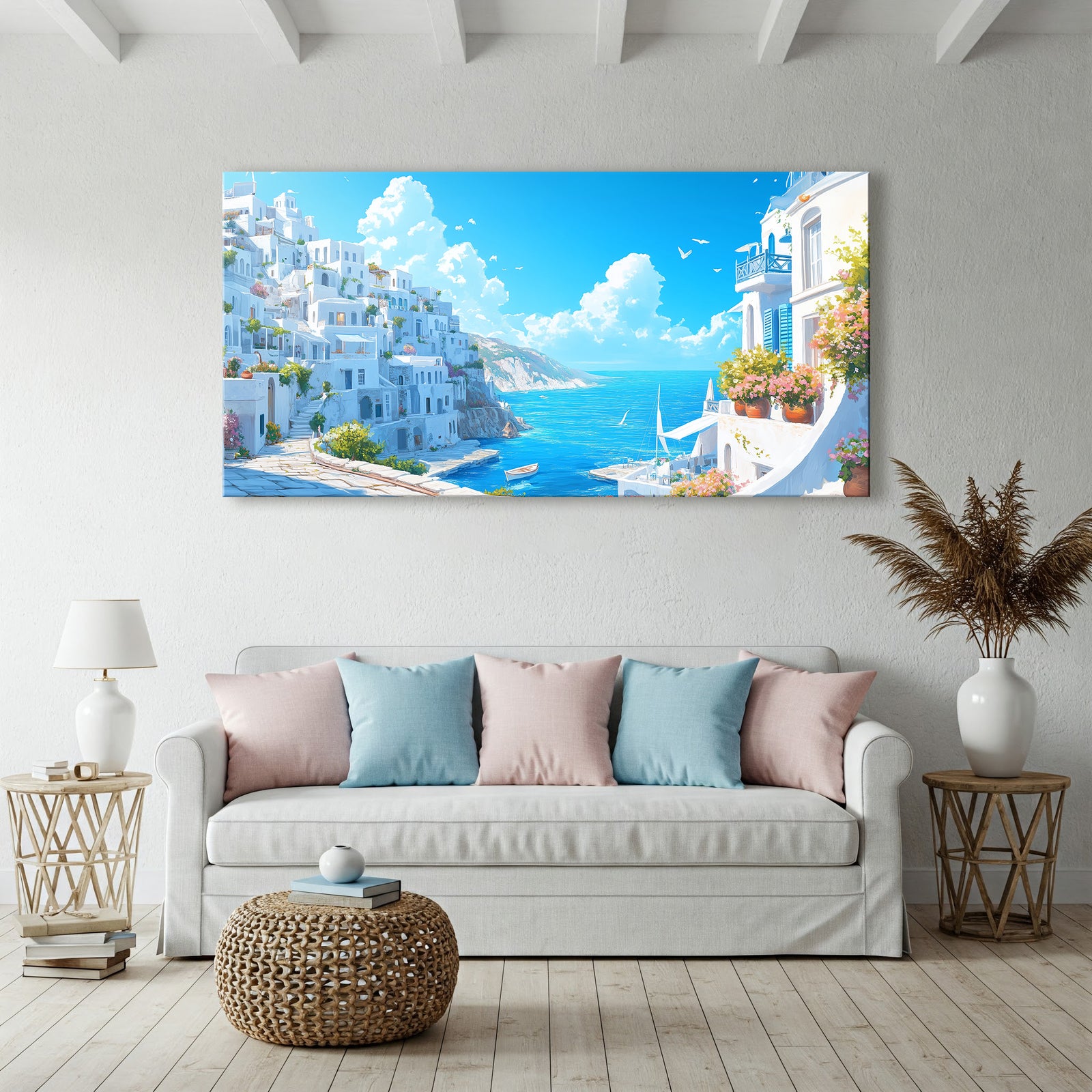 White and Blue Greek Houses with Flowers Wall Canvas