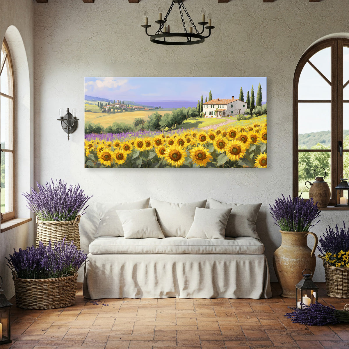 Sunflower Field in Tuscany Vintage Oil Print Canvas Wall Art