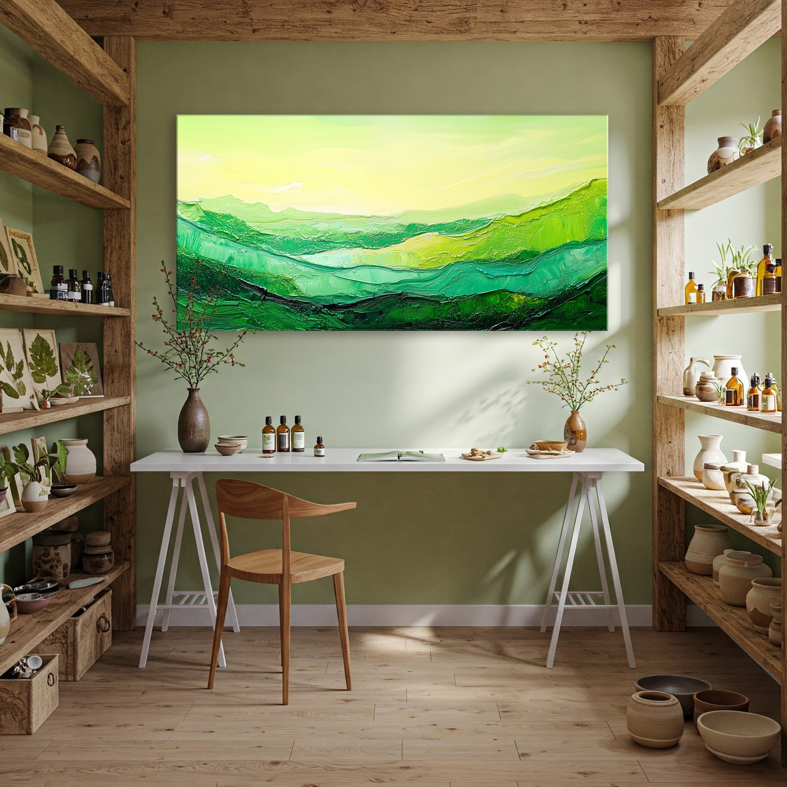 Green Abstract Landscape Canvas in Boho Earthy Tones
