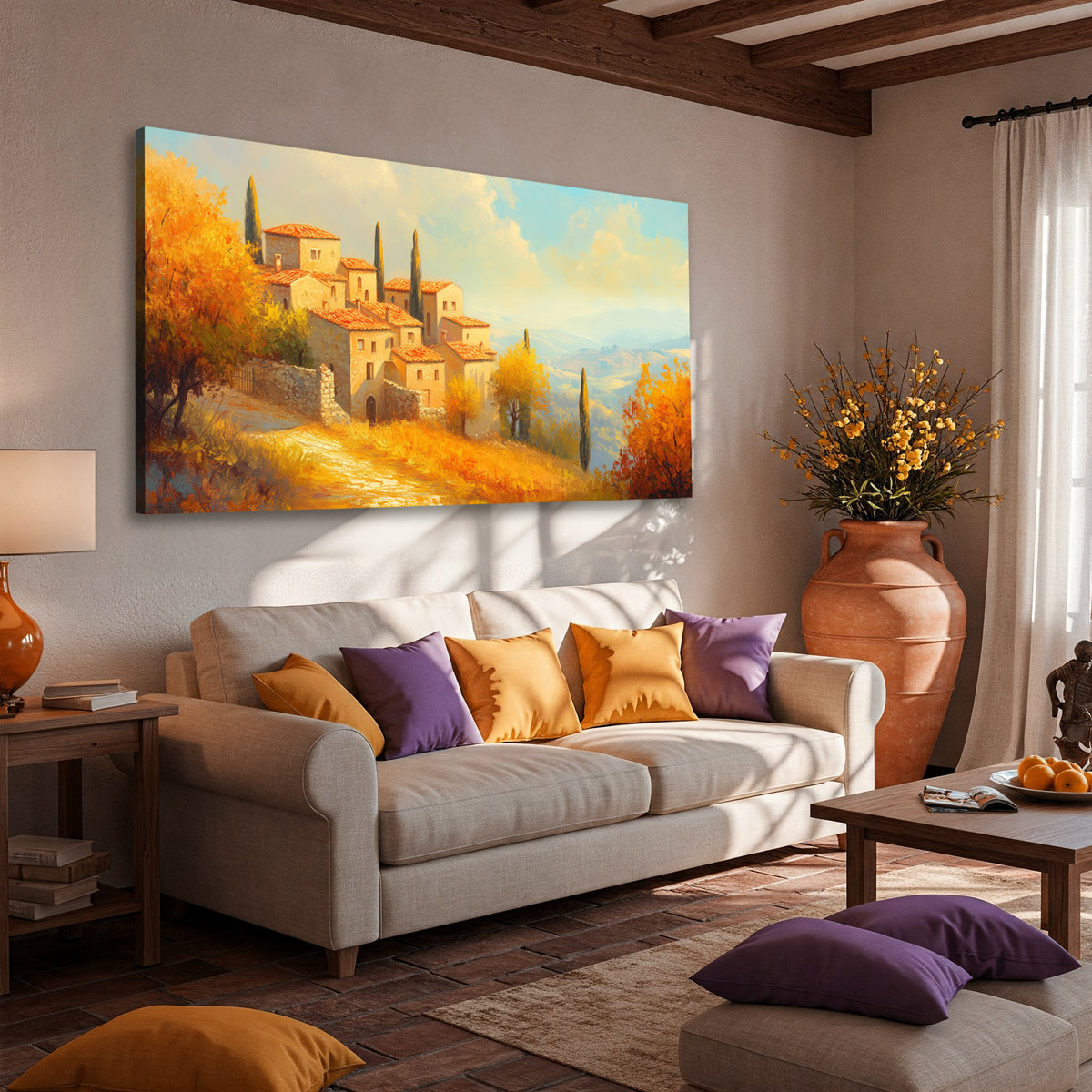 Panoramic Stone Village Scene Canvas in Rustic Boho Style
