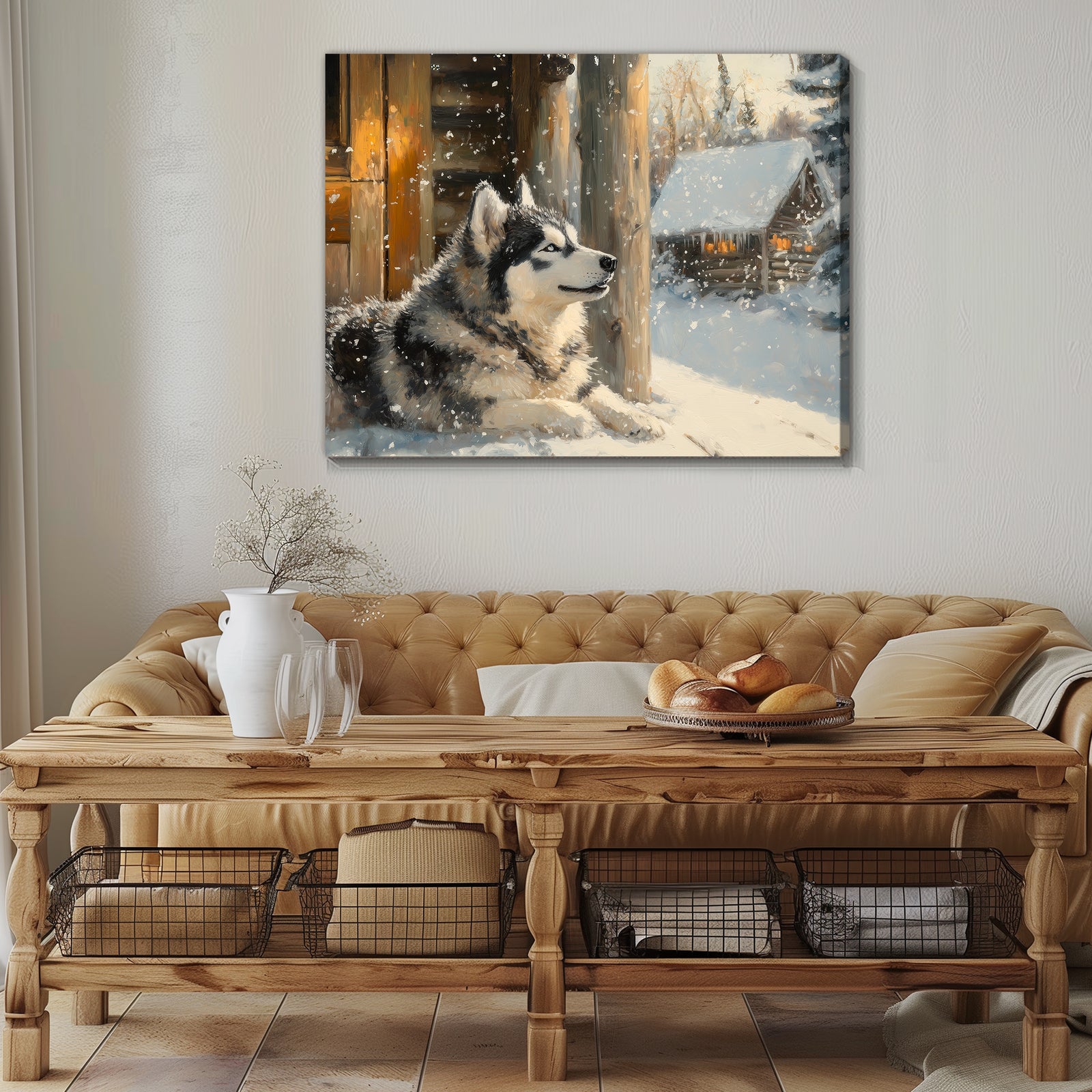 Cozy Alaskan Malamute Winter Oil Painting Canvas