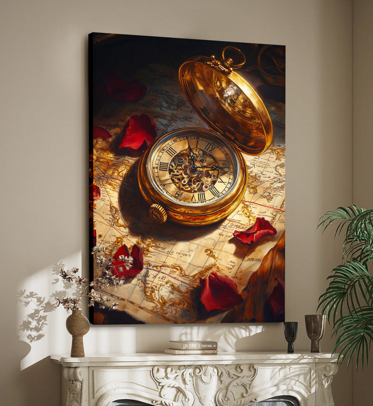 Vintage Pocket Watch and Old Map Oil Painting Canvas Wall Art