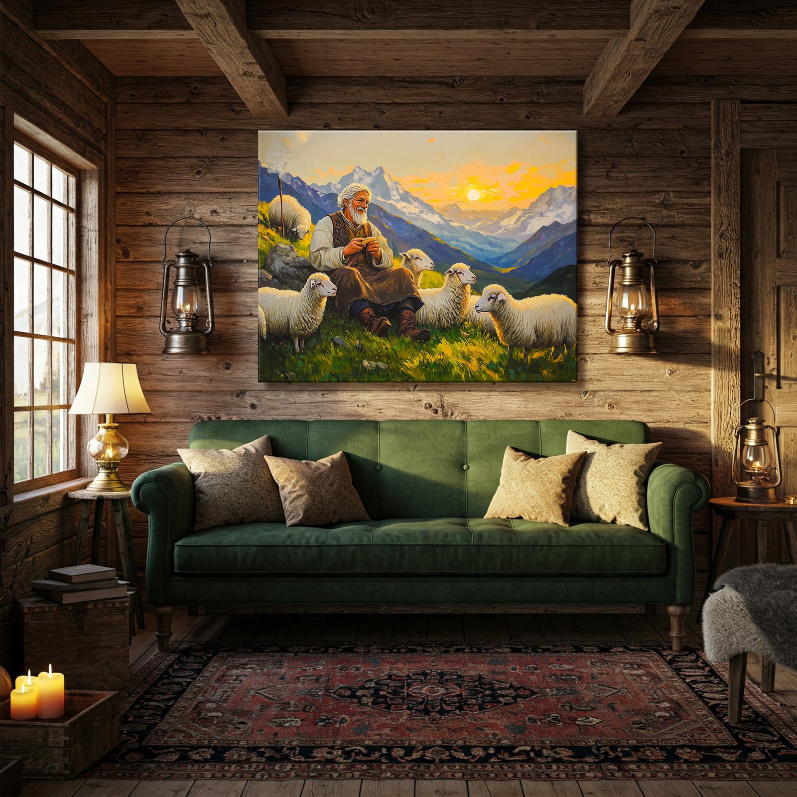 Shepherd and Sheep Pastoral Canvas in Vintage Oil Style