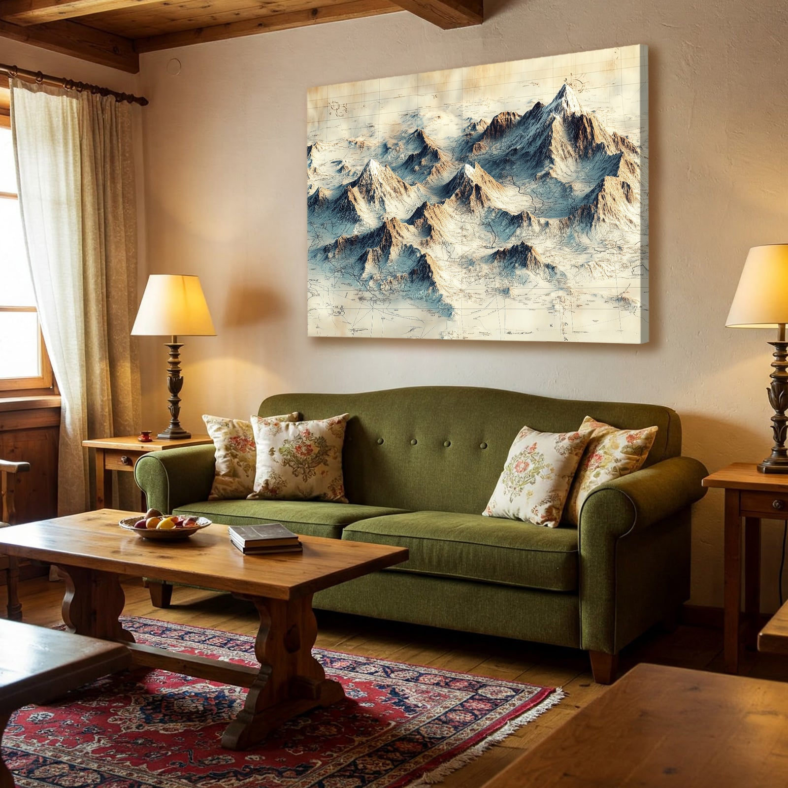 Antique Map Style Mountain Range Illustration Canvas Wall Art