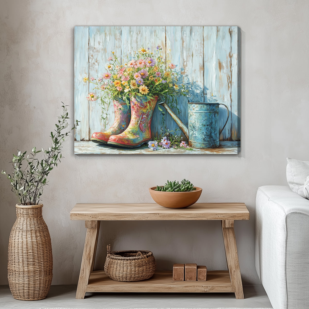 Rustic Floral Rain Boots – Vintage Farmhouse Oil Painting Canvas Wall Art