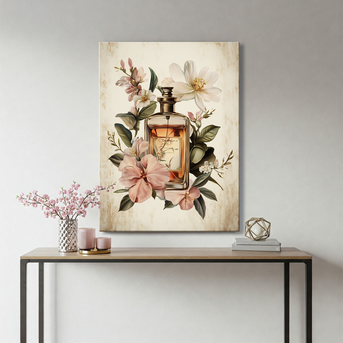 Vintage Perfume Advertisement Canvas Print with Elegant Typography
