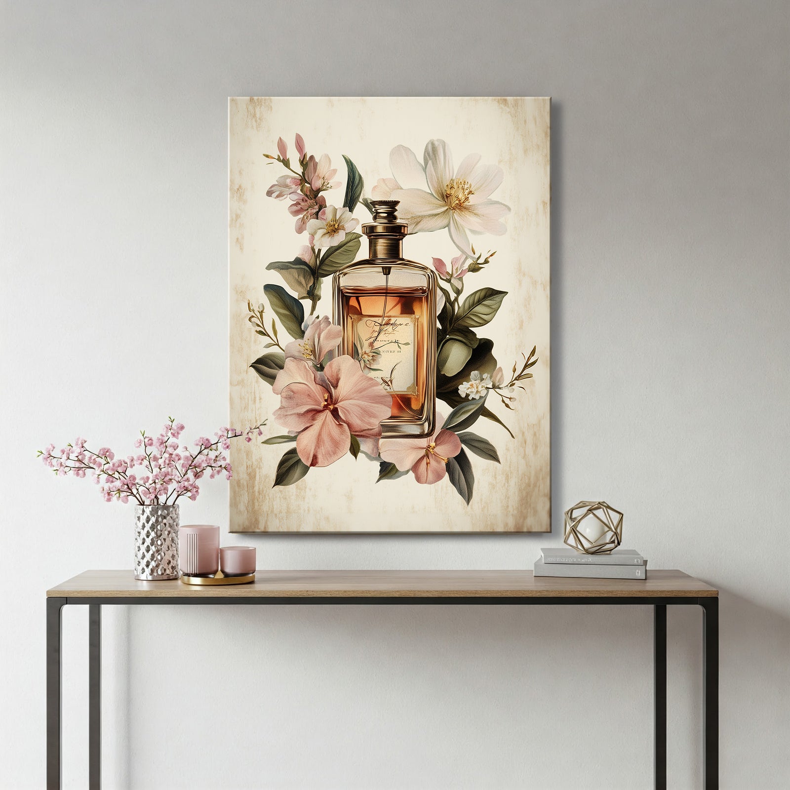 Vintage Perfume Advertisement Canvas Print with Elegant Typography