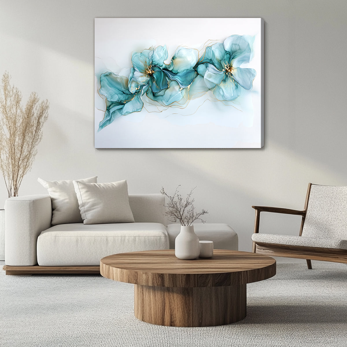 Turquoise Floral Abstract Alcohol Ink Canvas Wall Art