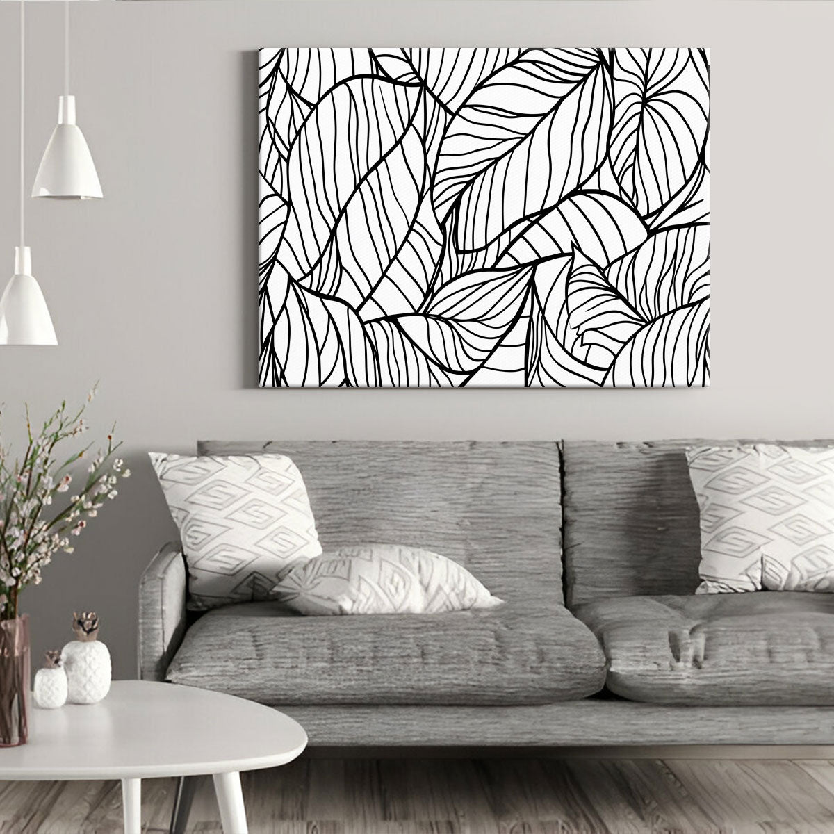 Black And White Leaf Line Artwork For Living Room