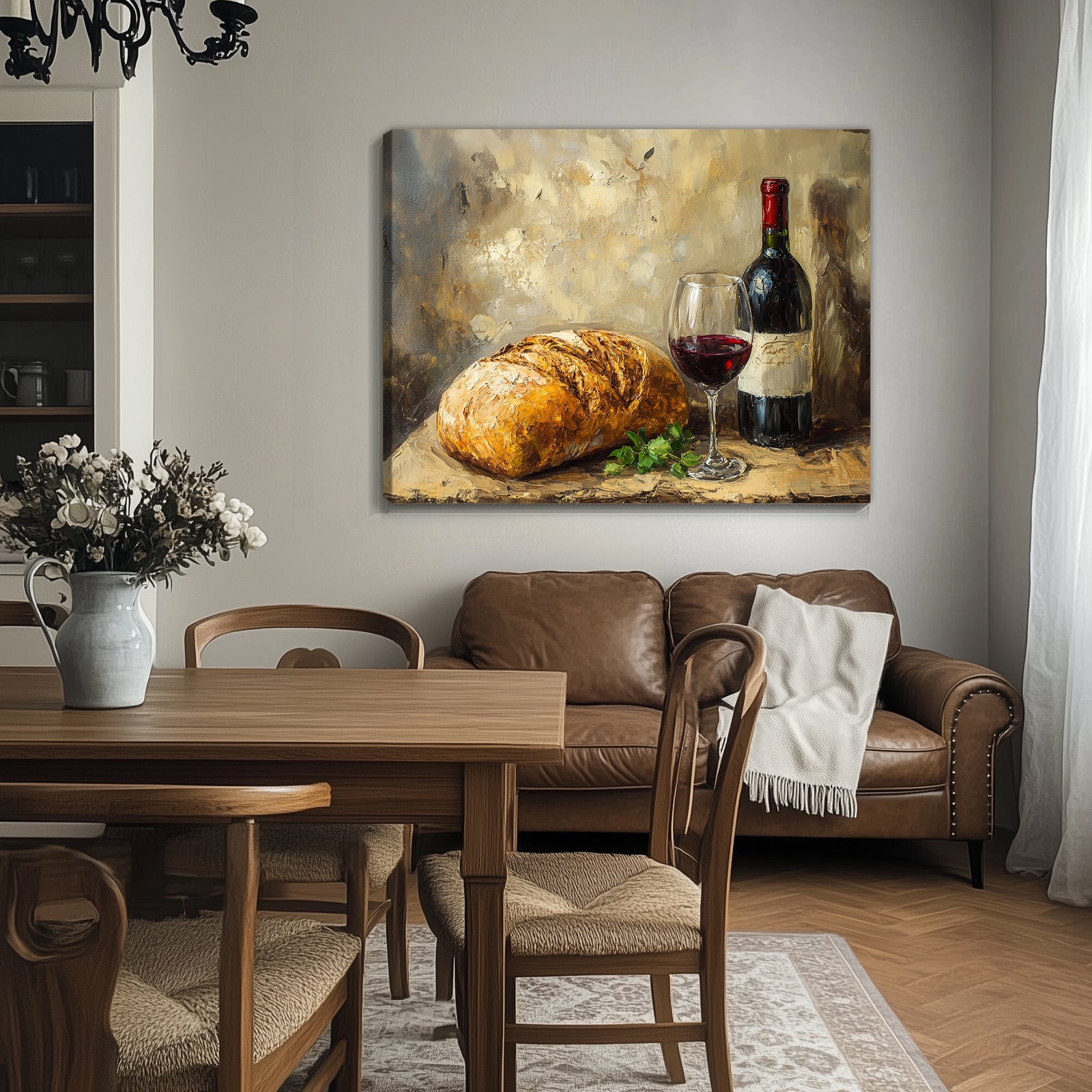 Bread and Red Wine - Vintage Oil Painting Canvas Wall Art