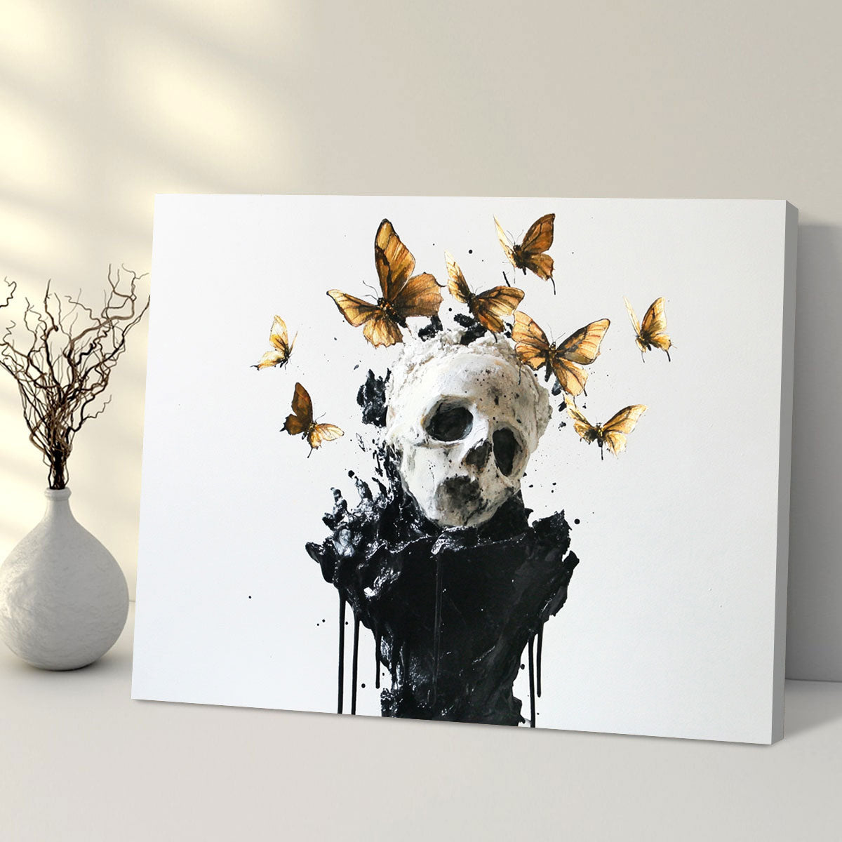 Butterflies Skull Sculpture Minimalist Watercolor Art Wall