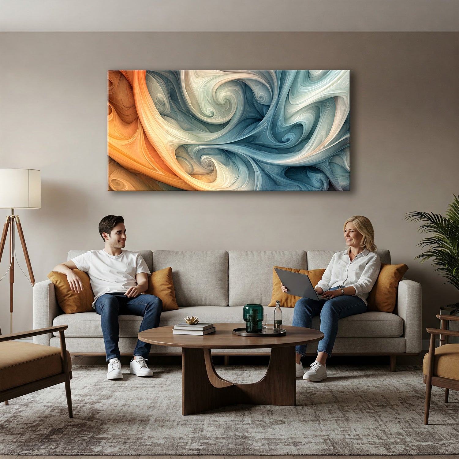 Modern Swirling Abstract Canvas in Cream and Gold Tones