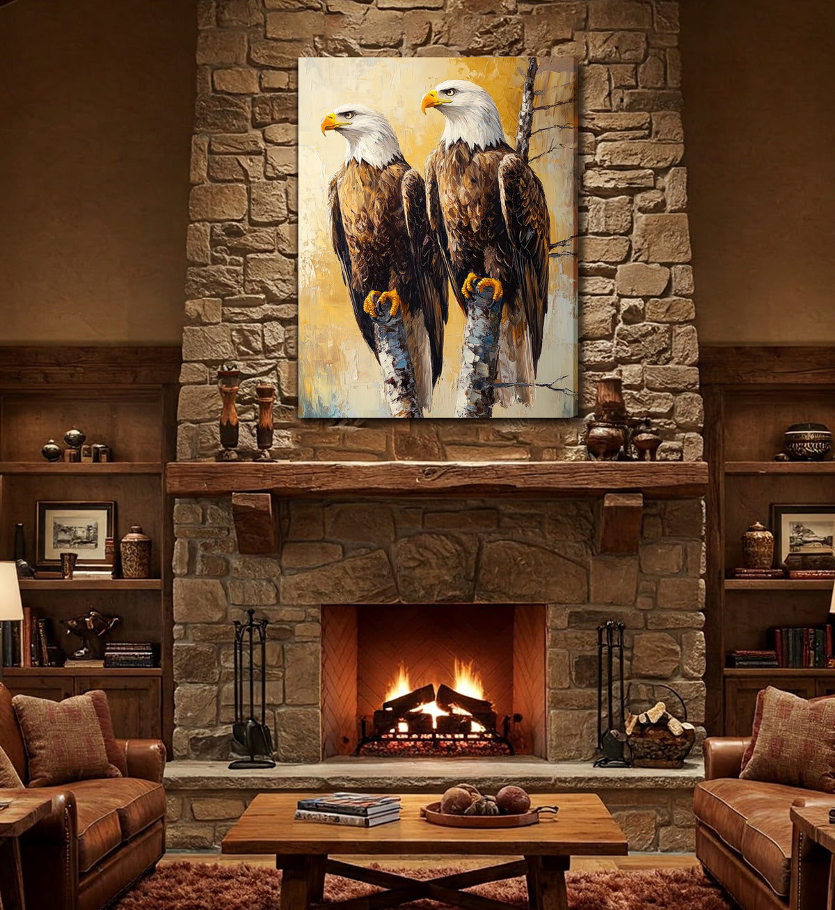 Rustic Bald Eagles Canvas Wall Art – Textured Impasto Oil Painting