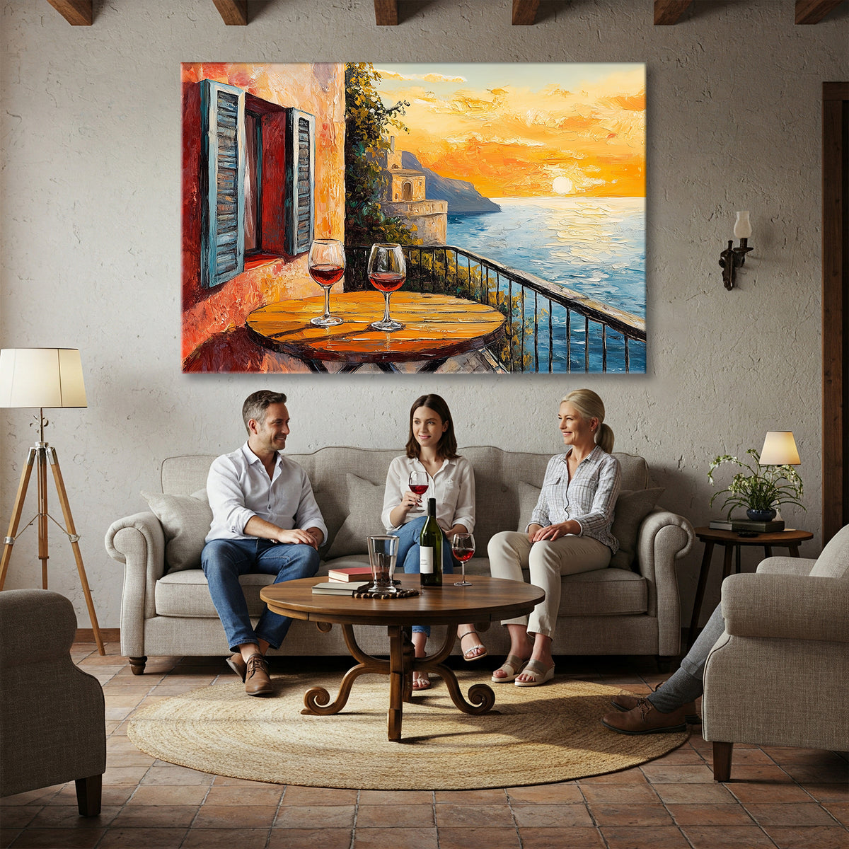 Mediterranean Balcony with Flowers Oil Style Canvas Print