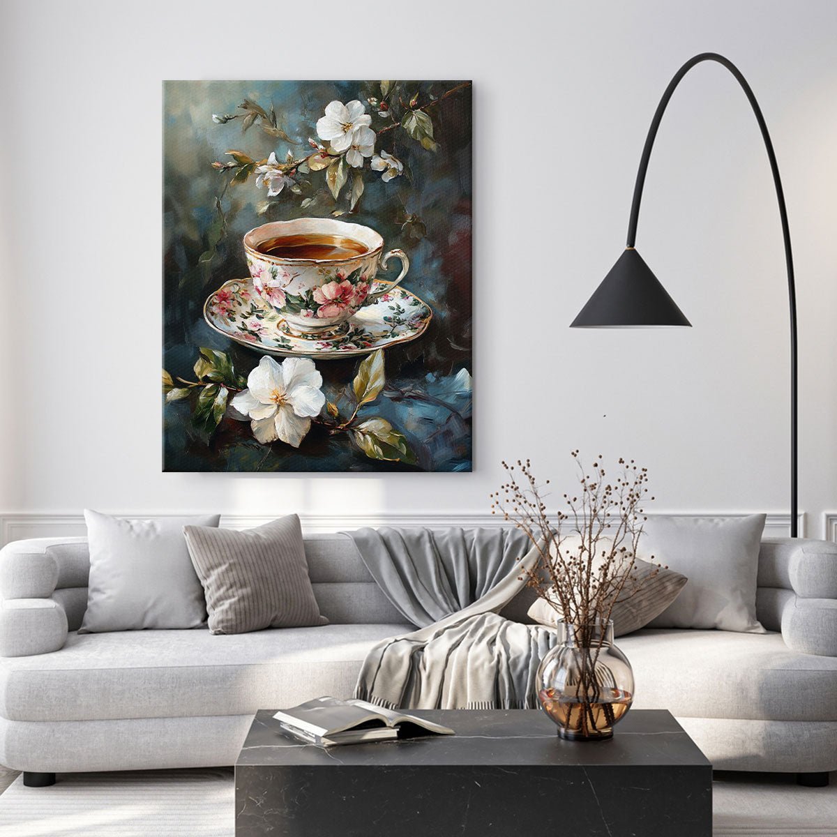 Vintage Floral Teacup Oil Painting Canvas Wall Art