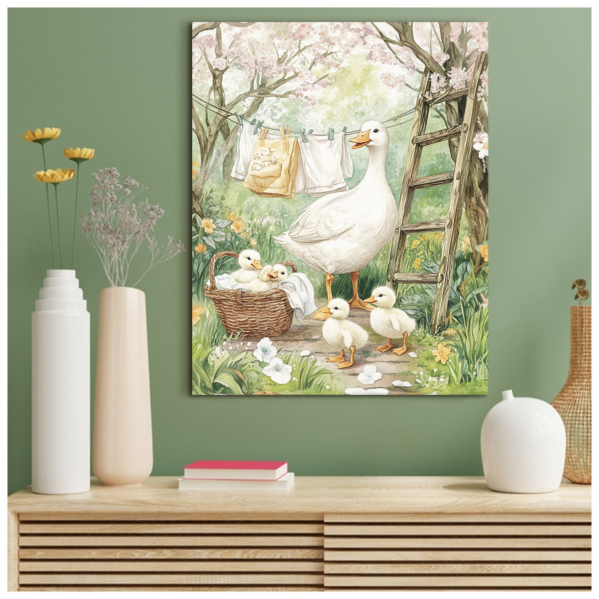 Mother Duck and Ducklings Oil Painting Canvas Wall Art
