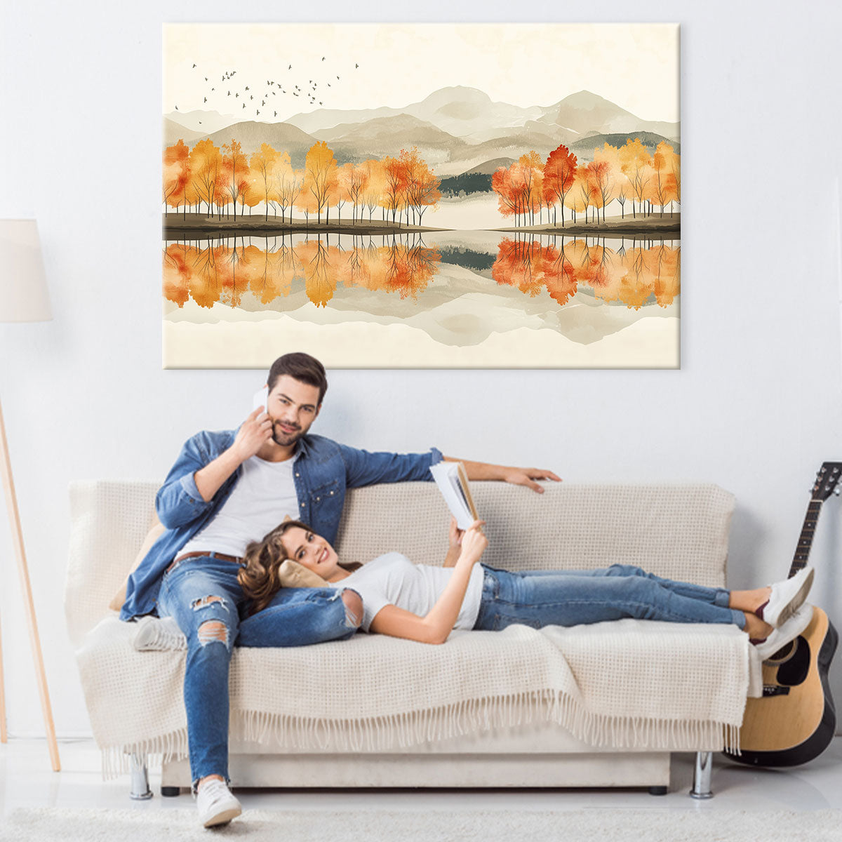 Lakeside Nature Artwork Beige Wall Art