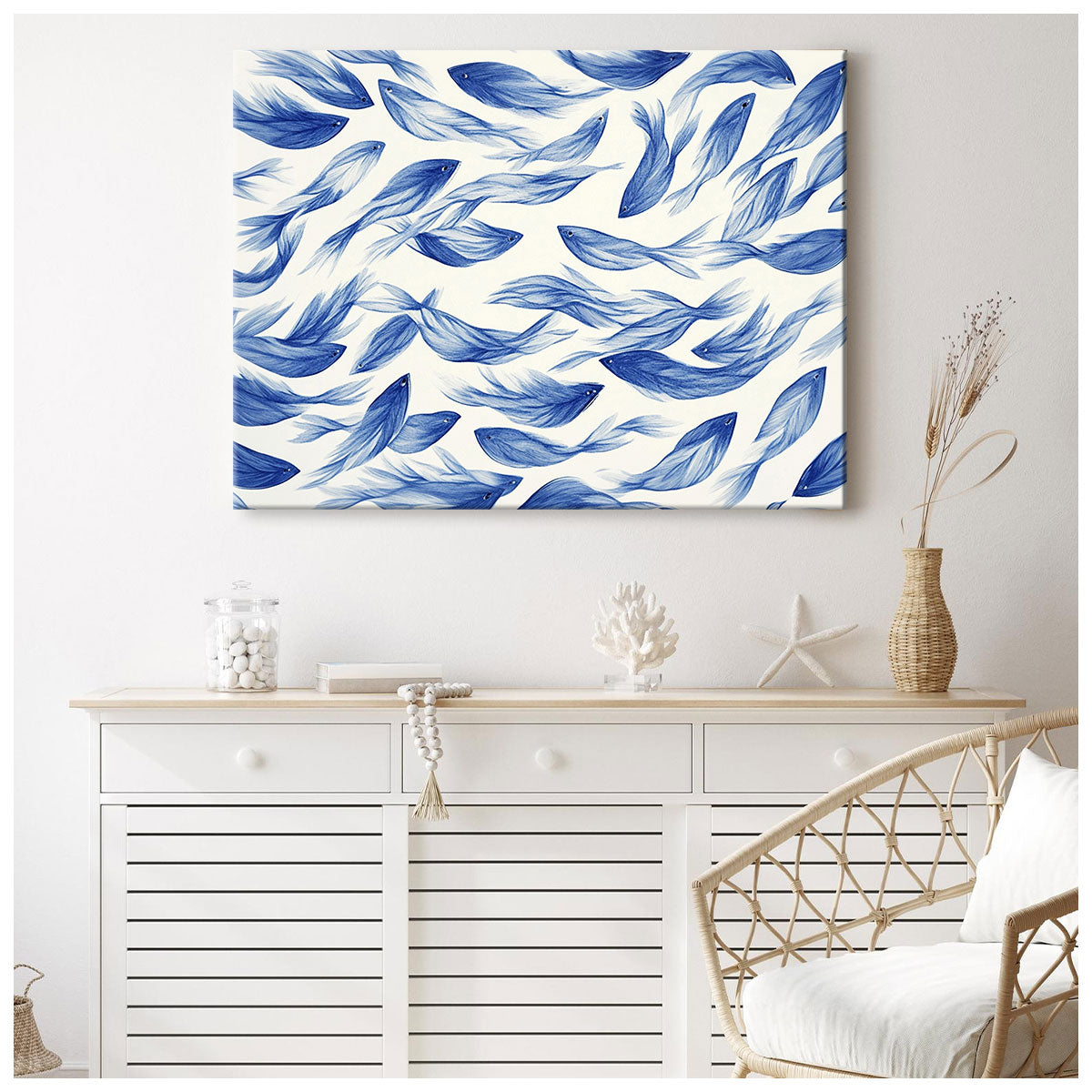 Blue Flowing Fish Horizontal Canvas Abstract Wall Art